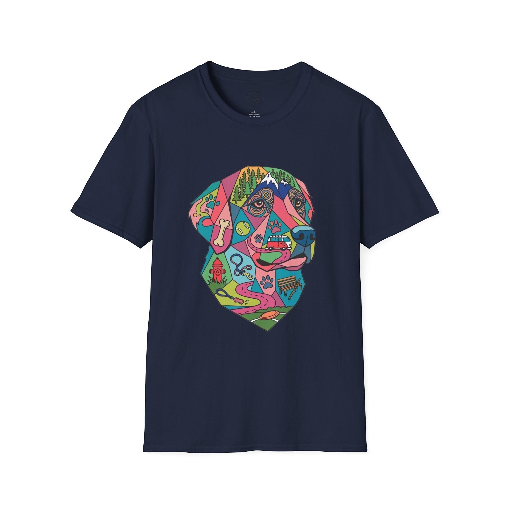 4 Paws Society navy blue 100% cotton t-shirt with a colorful geometric Labrador dog art print featuring outdoor and dog-related elements.