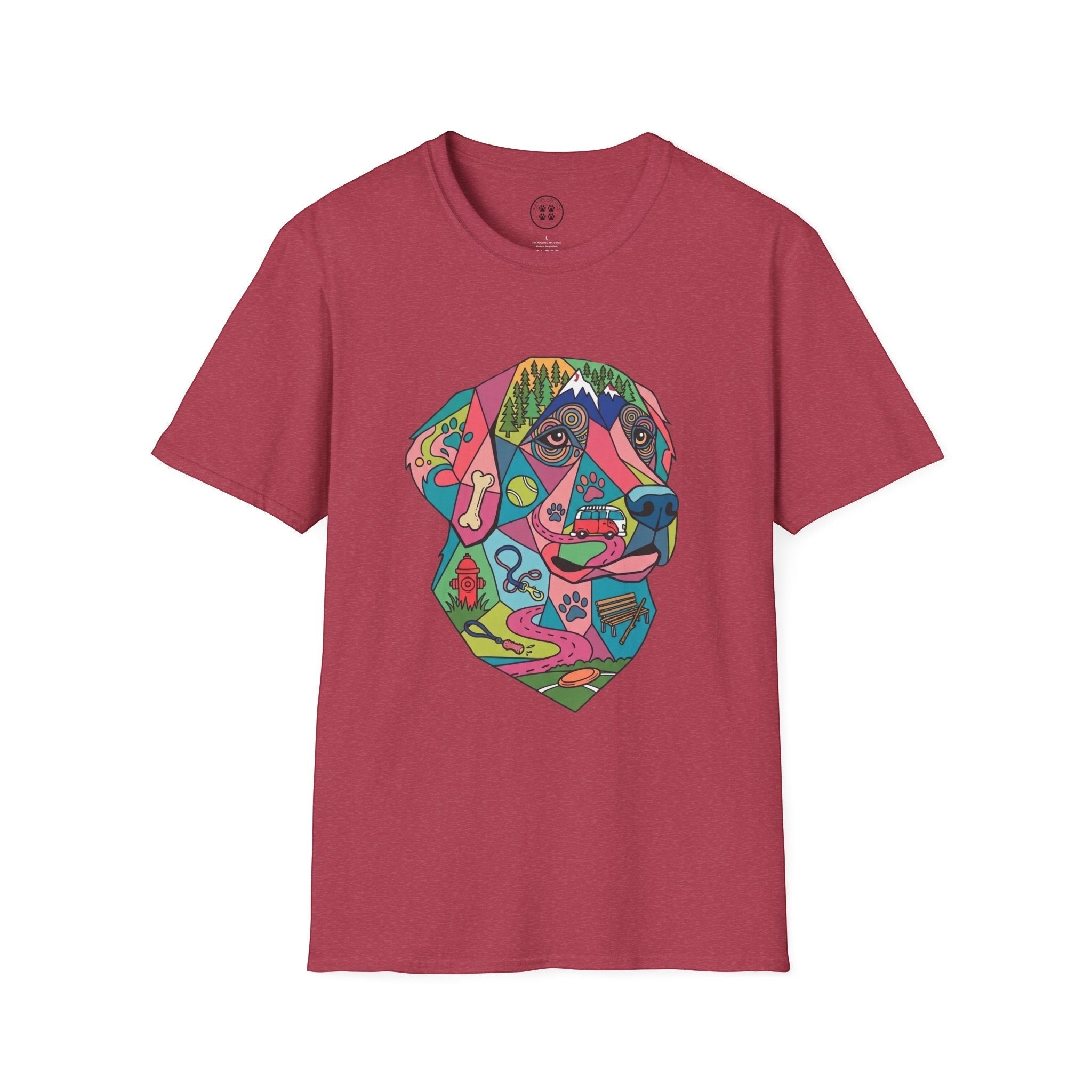 4 Paws Society red 100% cotton t-shirt with a colorful geometric Labrador dog art print featuring outdoor and dog-related scenes.