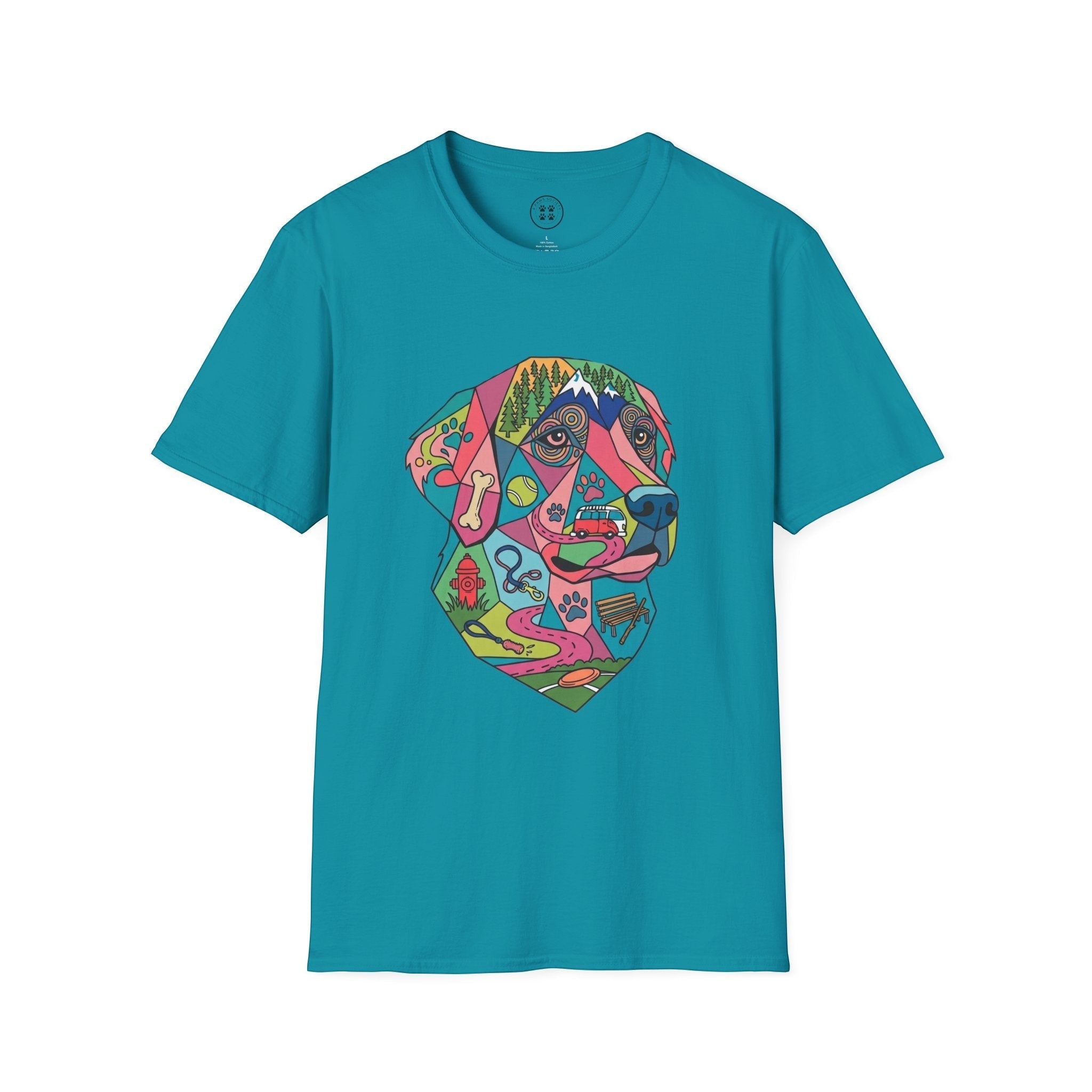 4 Paws Society teal 100% cotton t-shirt with a colorful geometric Labrador dog art print.