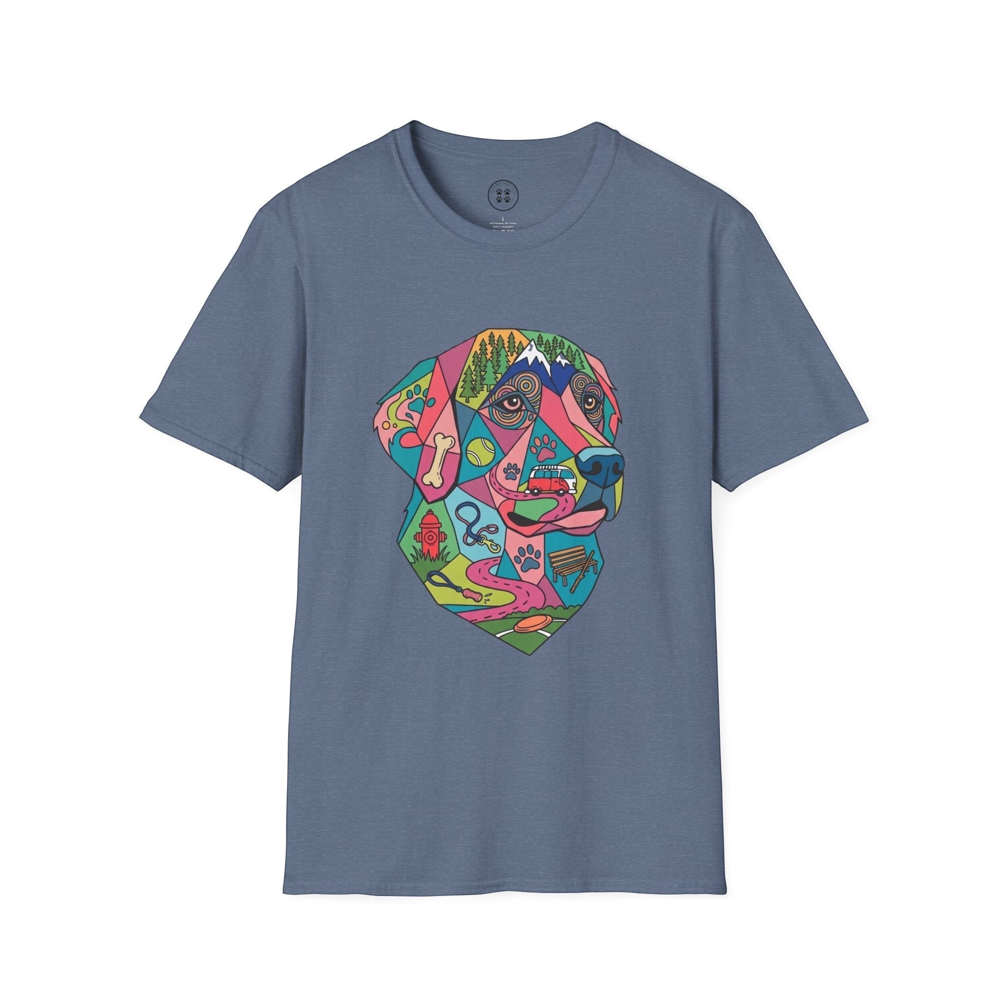 4 Paws Society blue 100% cotton t-shirt with a colorful geometric Labrador dog art print featuring outdoor scenes.