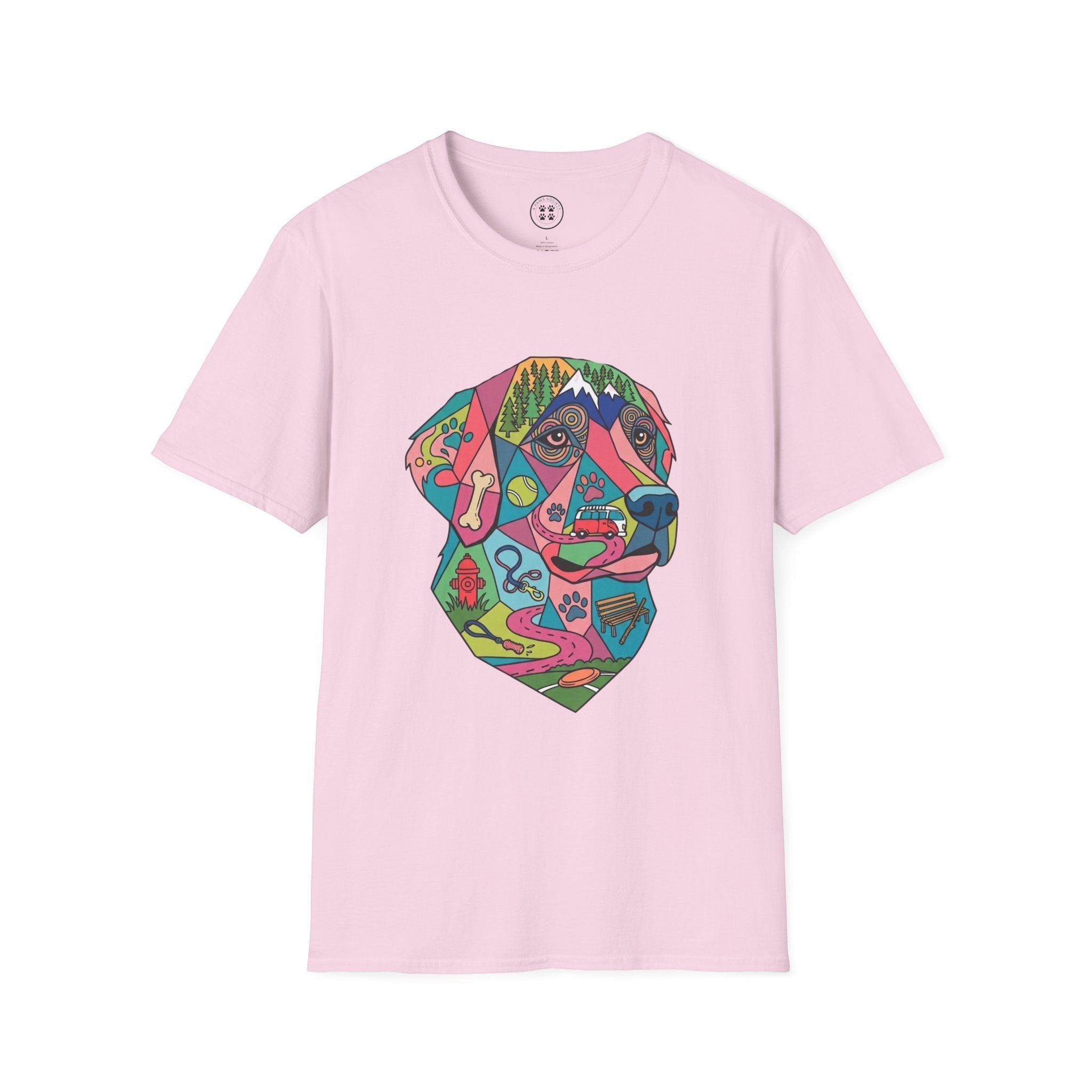 4 Paws Society pink 100% cotton t-shirt with a colorful geometric Labrador dog art print featuring mountains, trees, a fire hydrant, and a leash.
