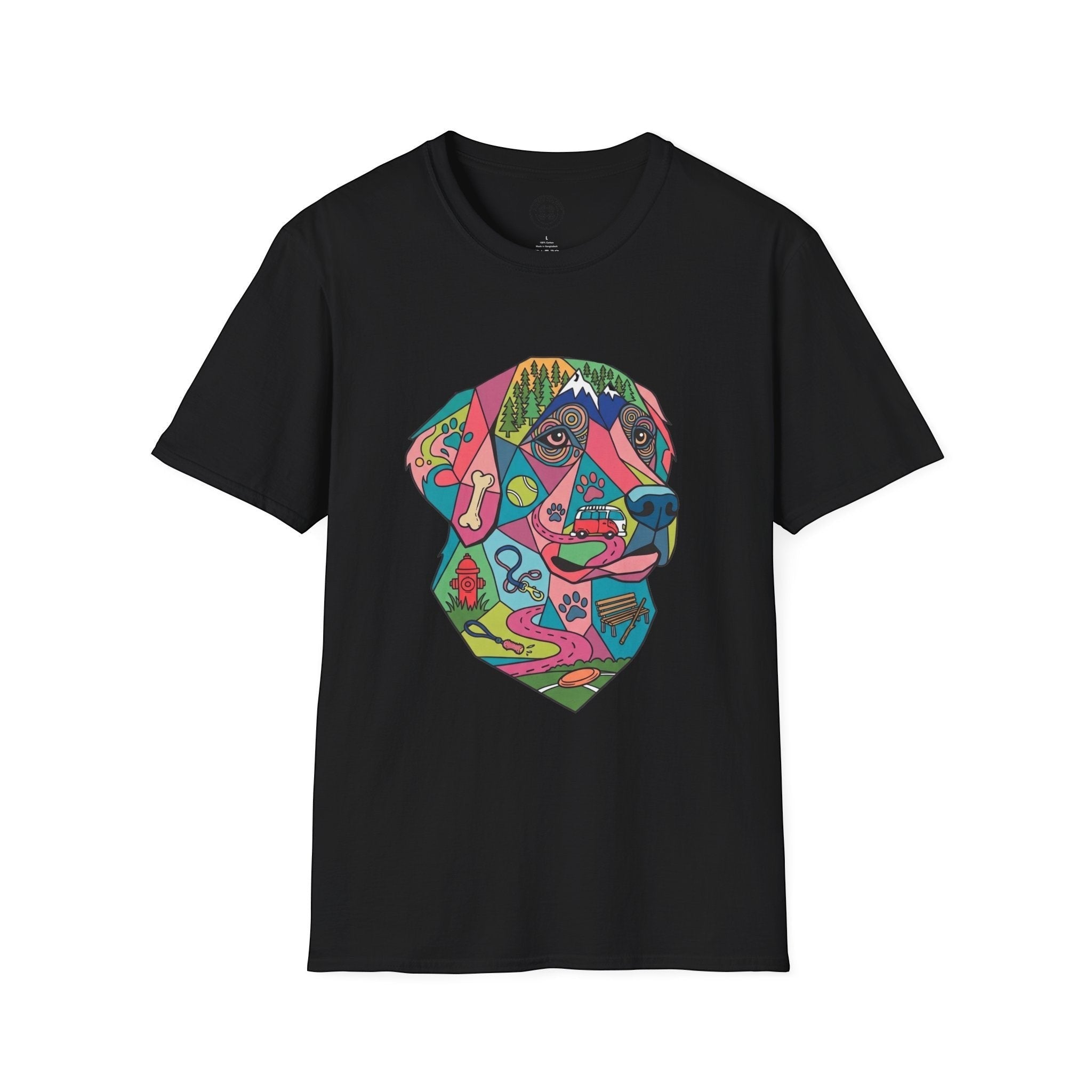 4 Paws Society black 100% cotton t-shirt with a colorful geometric labrador dog art print featuring outdoor and dog-related elements.