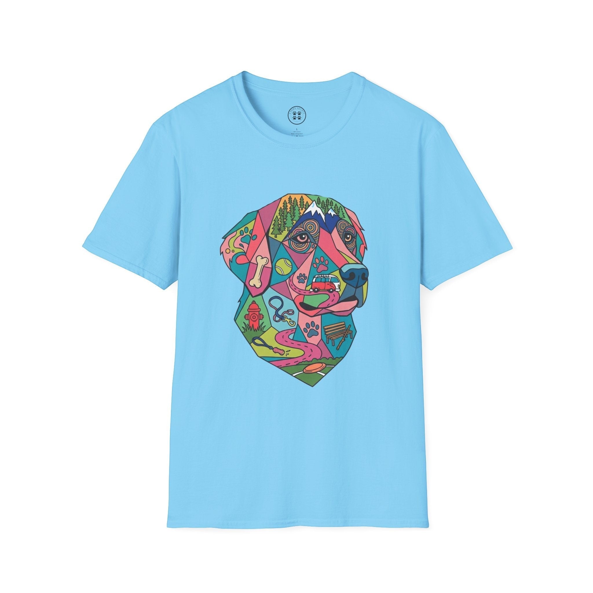 4 Paws Society light blue 100% cotton t-shirt with a colorful geometric Labrador dog art print featuring outdoor and dog-related elements.