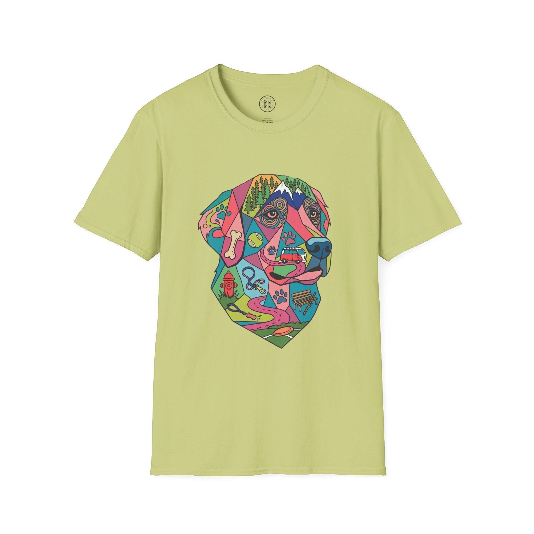 4 Paws Society light green 100% cotton t-shirt with a colorful geometric Labrador dog art print featuring outdoor and dog-related elements.