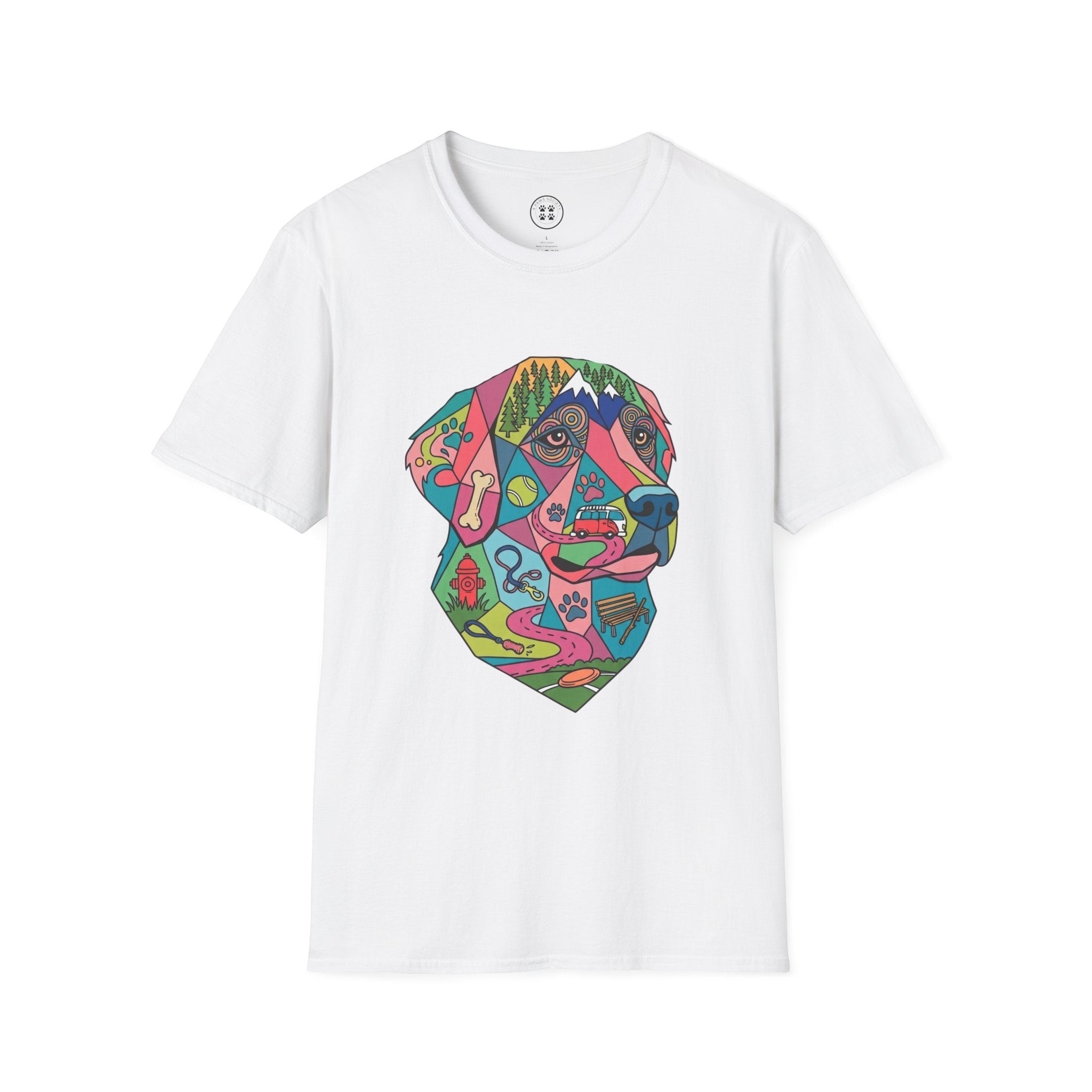4 Paws Society white 100% cotton t-shirt with a colorful geometric Labrador dog art print featuring outdoor scenes.