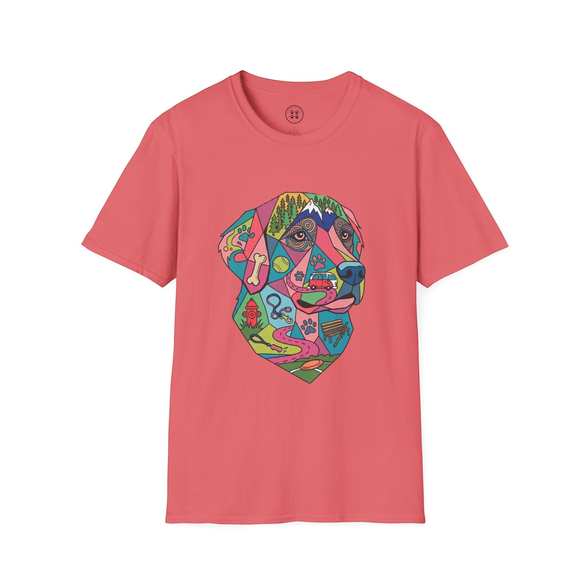 4 Paws Society coral t-shirt with a colorful geometric Labrador dog art print featuring outdoor scenes and dog park elements.