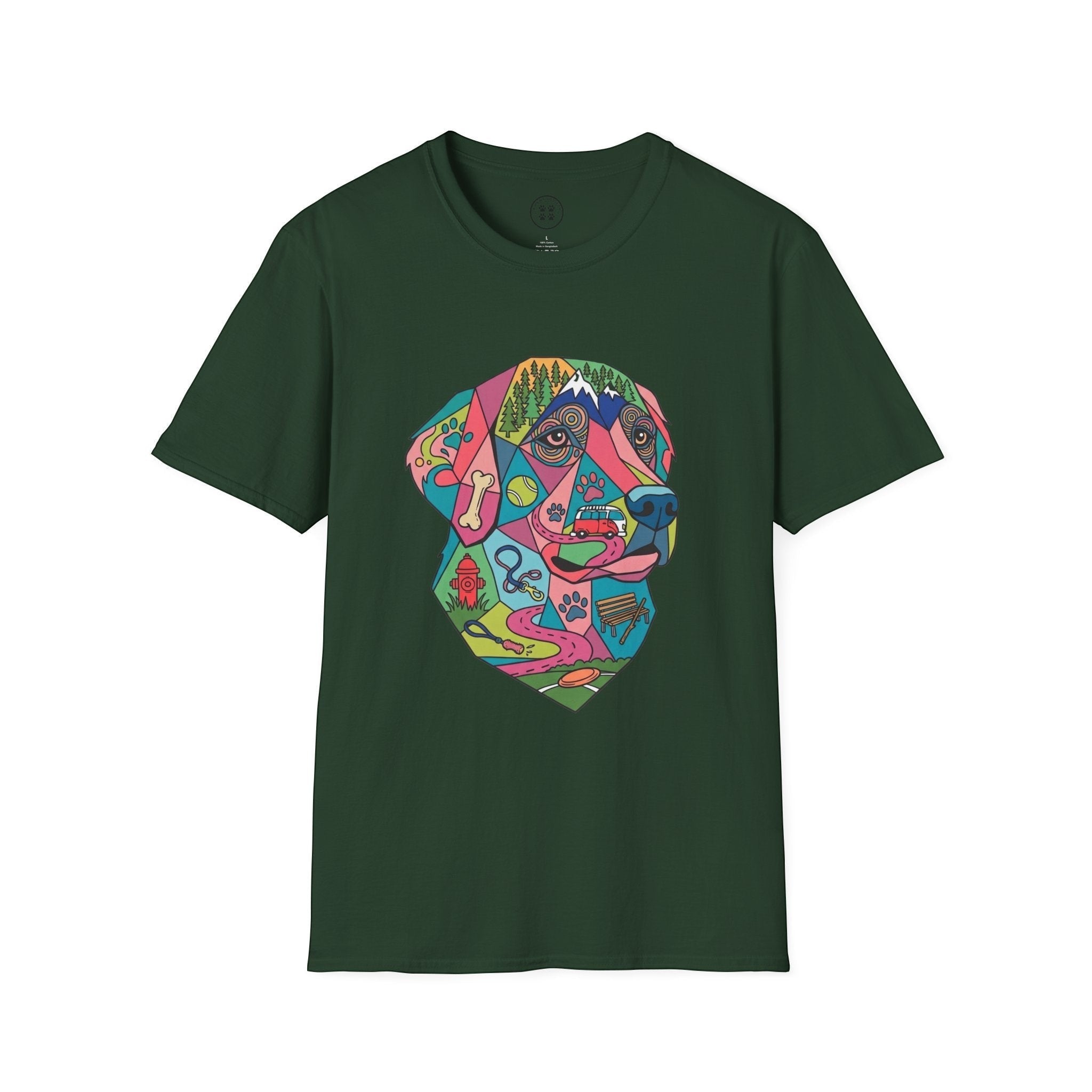 4 Paws Society green 100% cotton t-shirt with a colorful geometric Labrador dog art print featuring outdoor and dog-related elements.