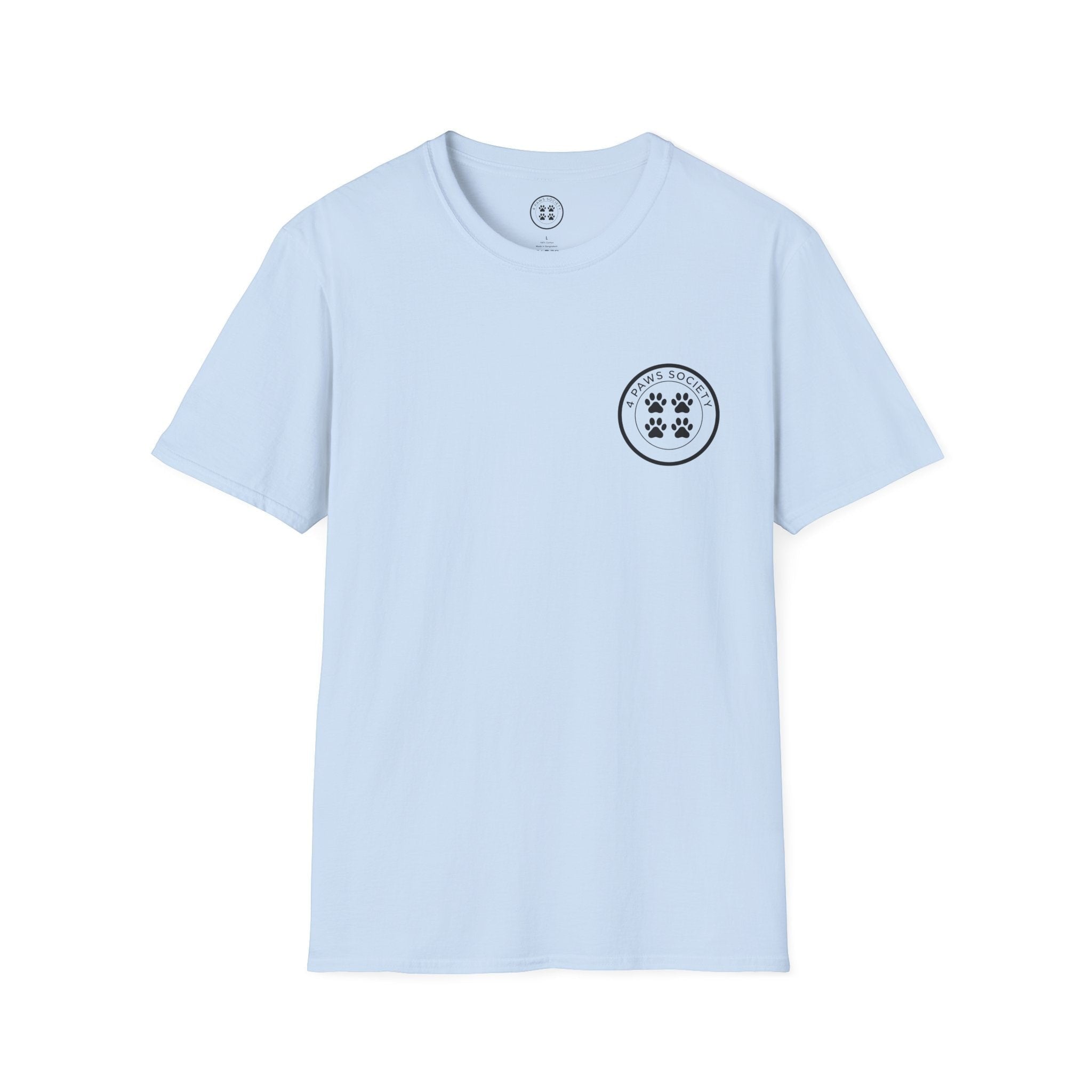 4 Paws Society light blue 100% cotton t-shirt with a circular logo featuring paw prints and the brand name.