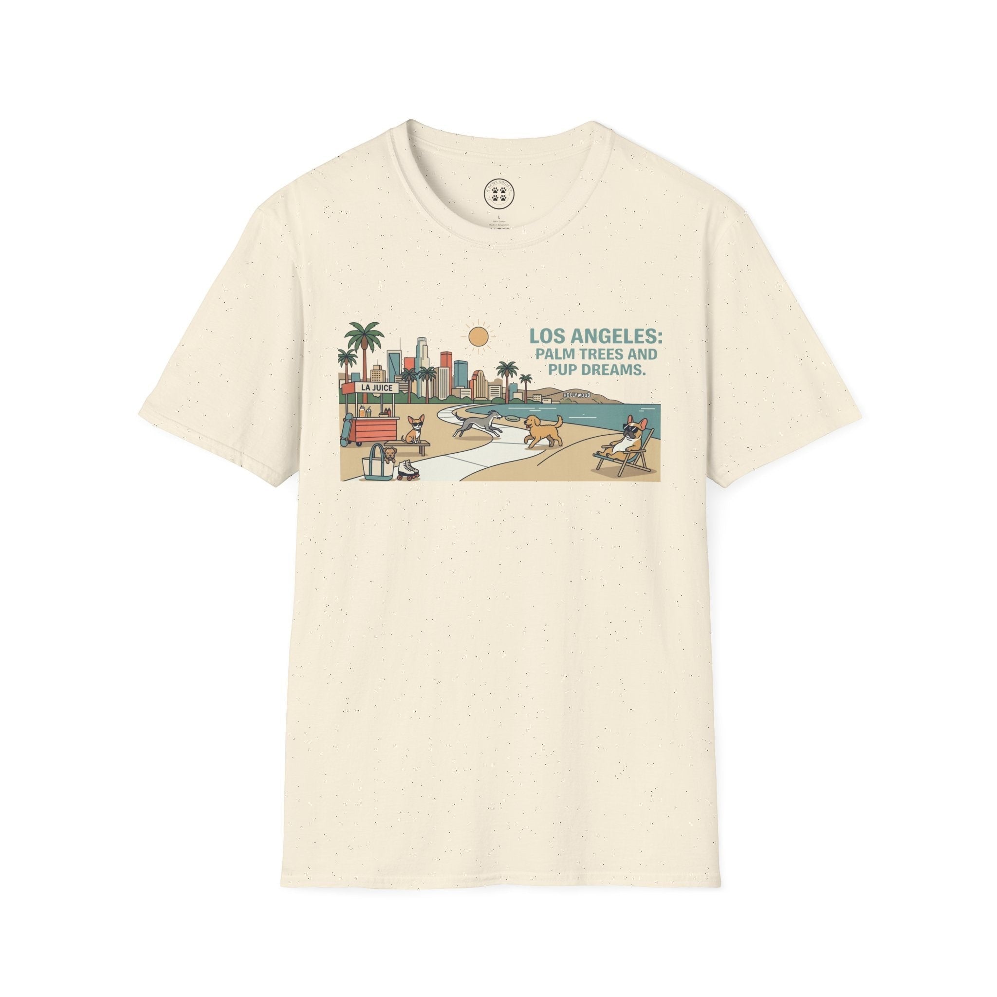 4 Paws Society cream 100% cotton t-shirt with a graphic of the Los Angeles skyline, palm trees, and dogs on a beach.