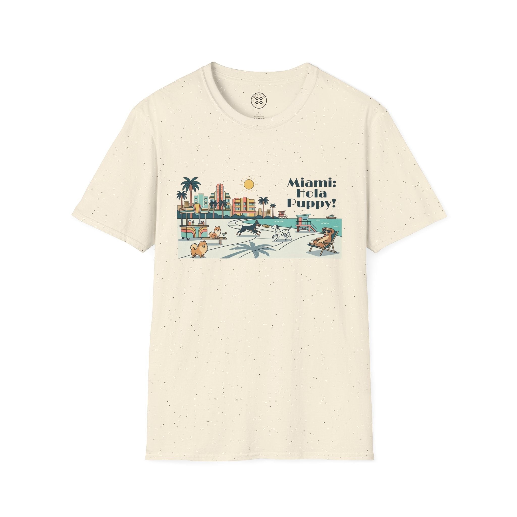 4 Paws Society cream 100% cotton t-shirt with a retro Miami skyline graphic featuring dogs on the beach.