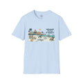 4 Paws Society light blue 100% cotton t-shirt with a retro Miami skyline graphic featuring dogs on the beach.