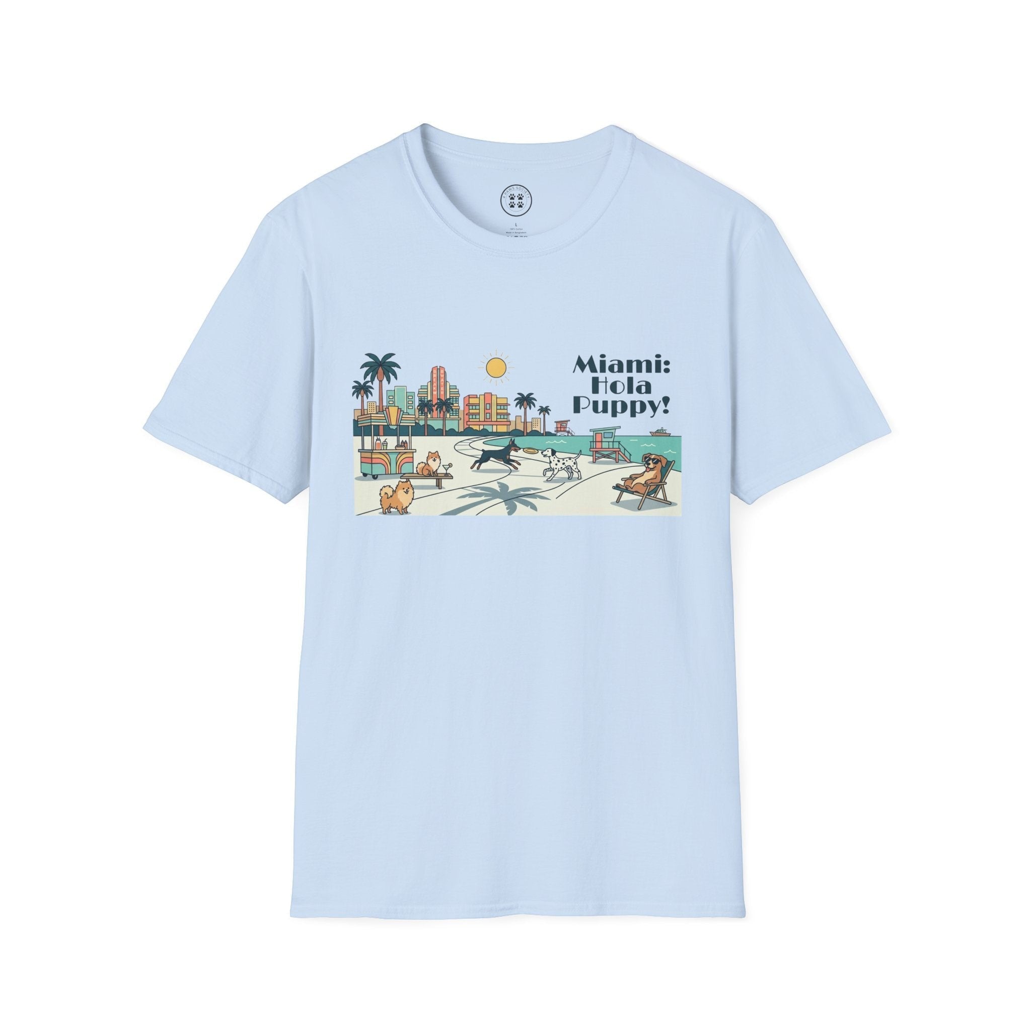 4 Paws Society light blue 100% cotton t-shirt with a retro Miami skyline graphic featuring dogs on the beach.