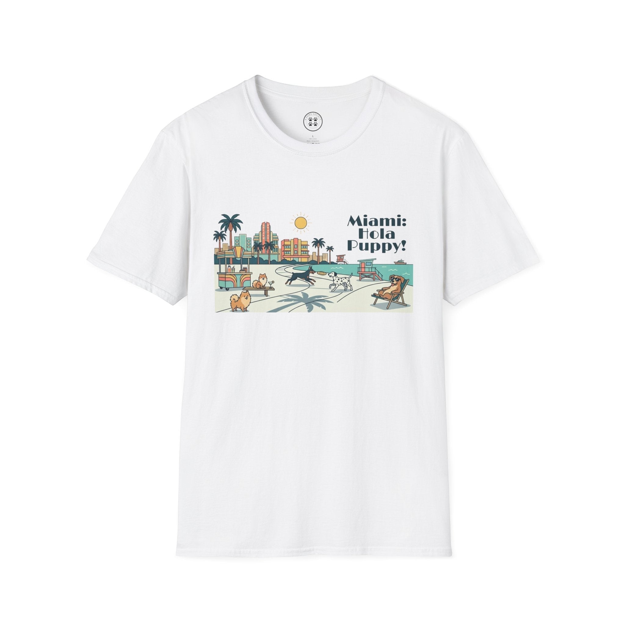 4 Paws Society white 100% cotton t-shirt with a retro Miami beach scene graphic and text 'Miami: Hola Puppy!'