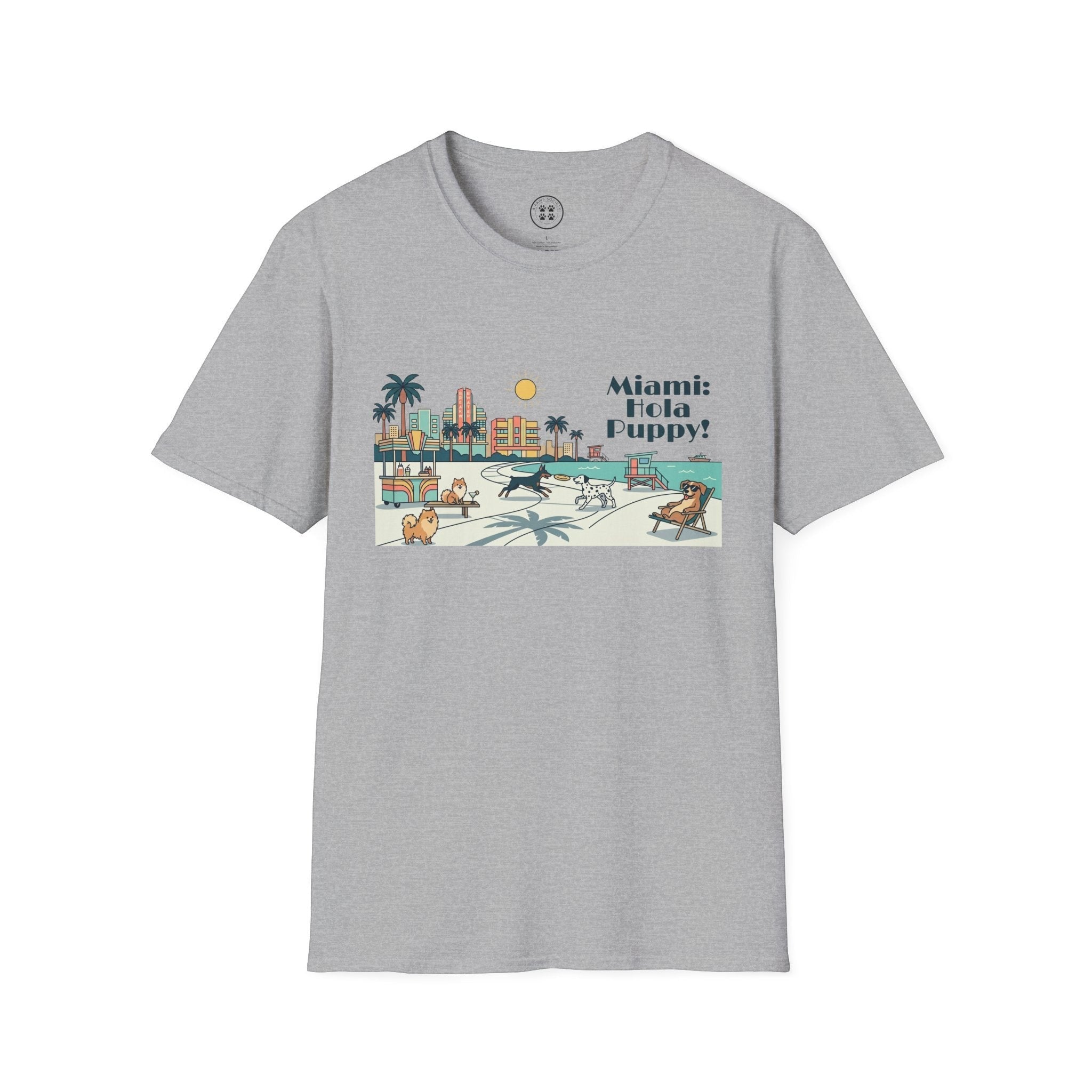 4 Paws Society grey 100% cotton t-shirt with a retro Miami skyline graphic featuring dogs on the beach.