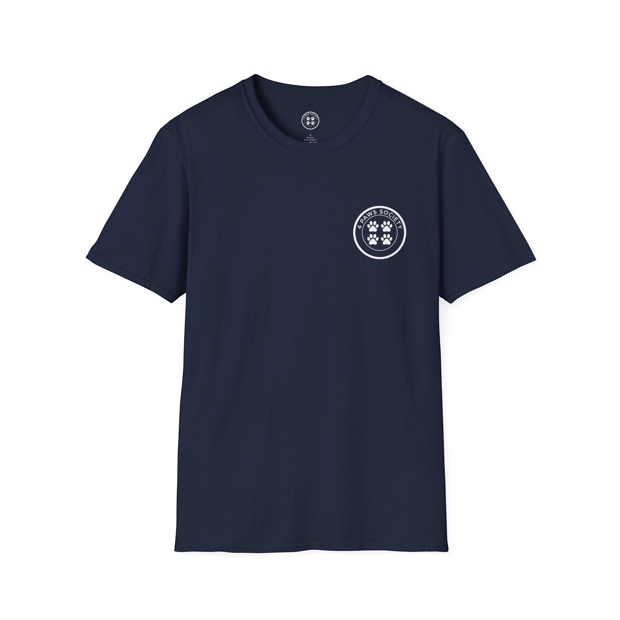 4 Paws Society navy blue 100% cotton t-shirt with a small white circular logo on the left chest featuring four paw prints.