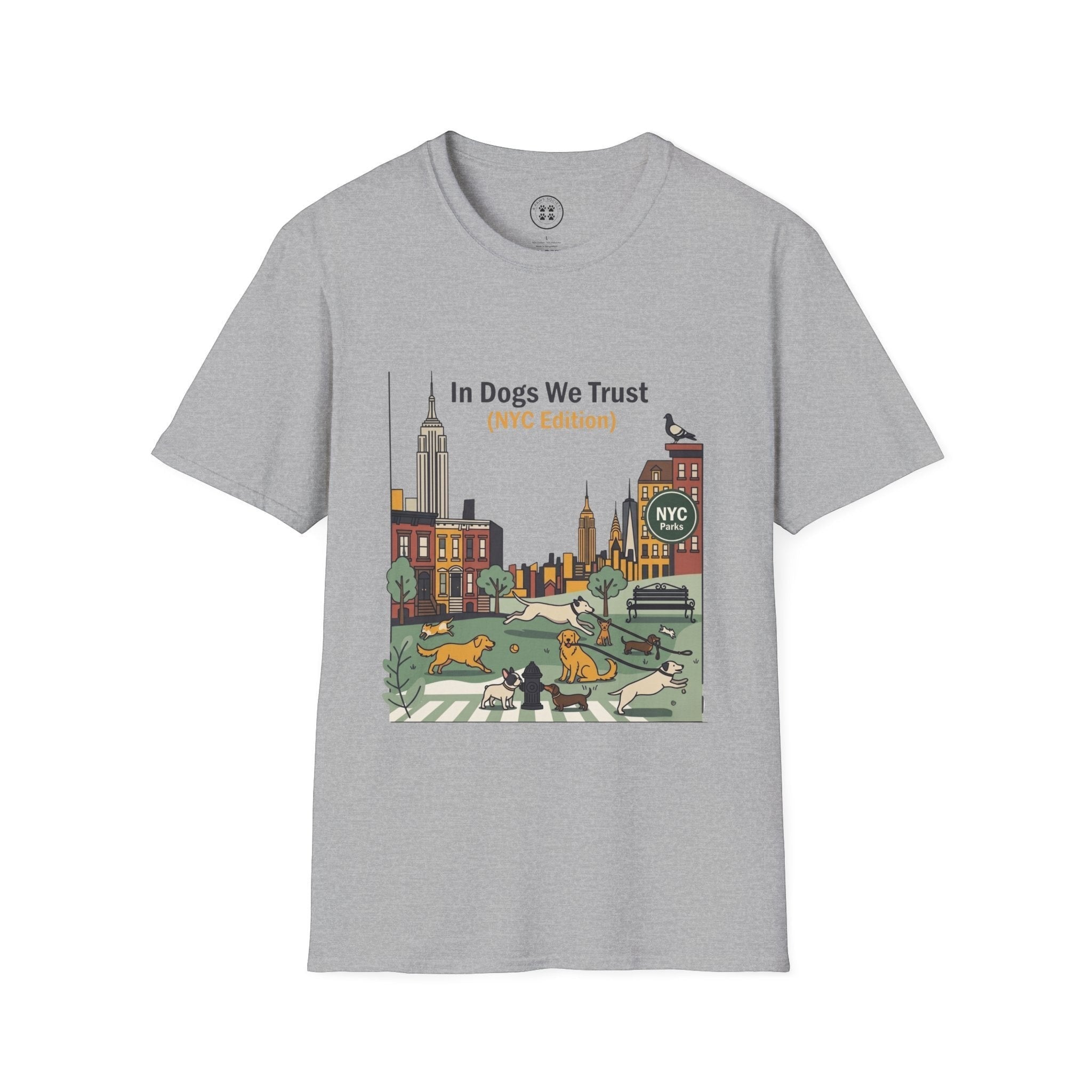 4 Paws Society grey 100% cotton t-shirt with "In Dogs We Trust NYC Edition" graphic featuring dogs playing in a park with NYC skyline.