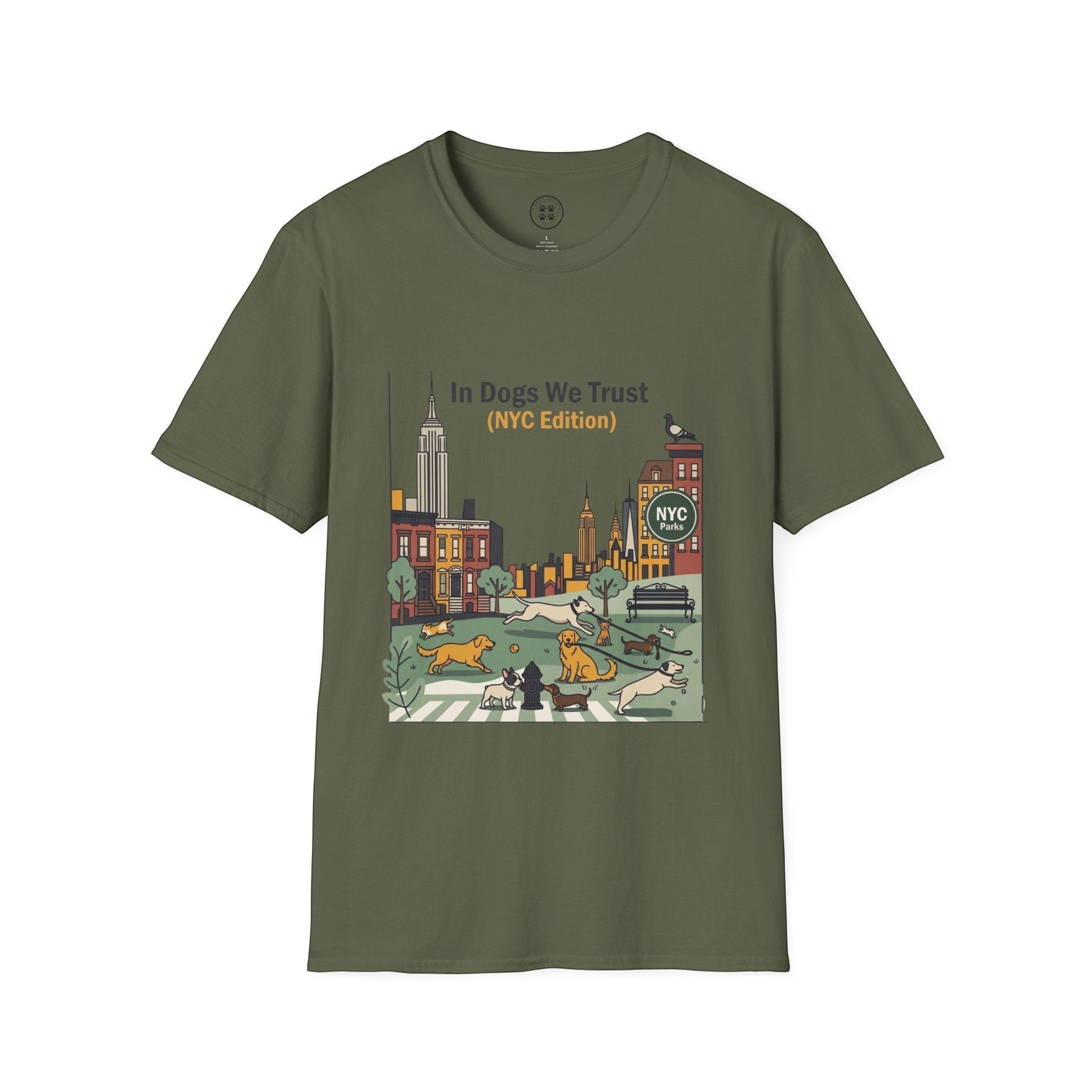 4 Paws Society olive green 100% cotton t-shirt with "In Dogs We Trust (NYC Edition)" graphic featuring dogs playing in a park with NYC skyline.