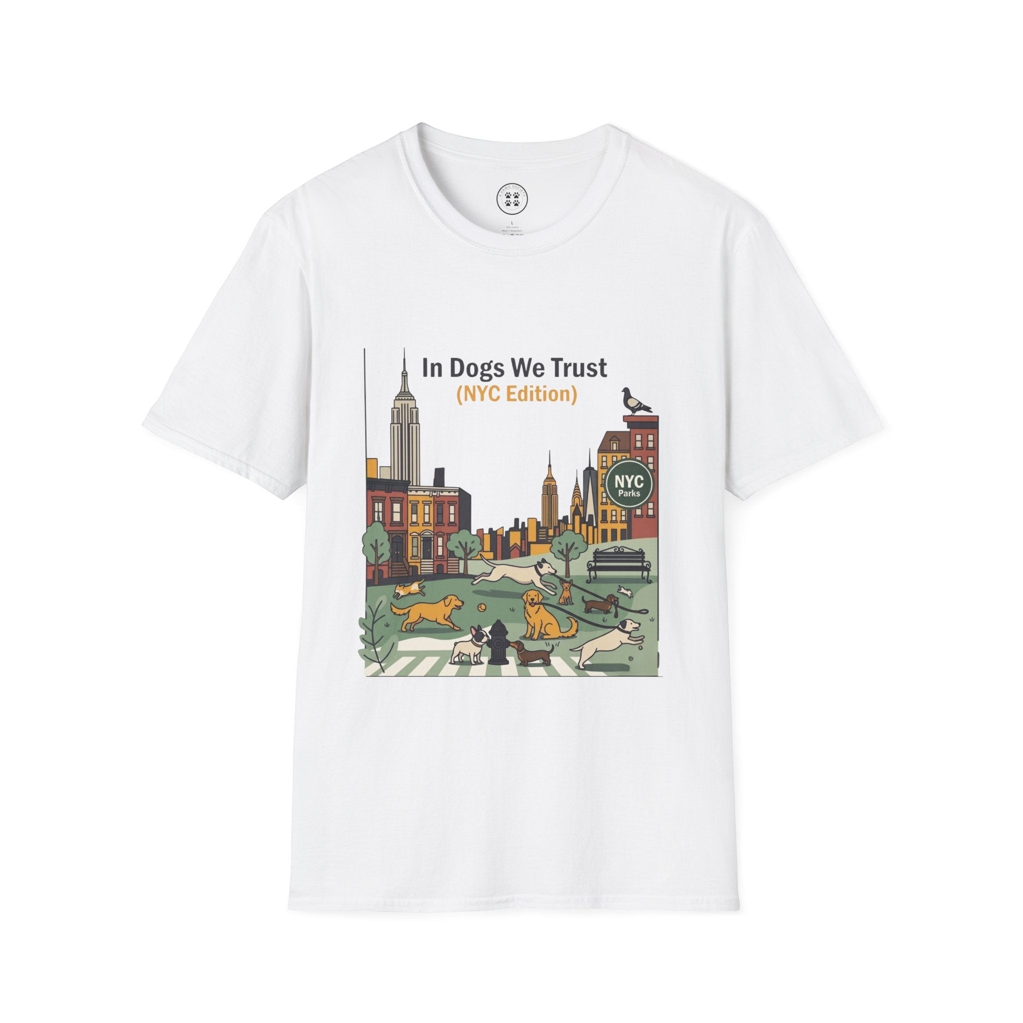 4 Paws Society white 100% cotton t-shirt with "In Dogs We Trust NYC Edition" graphic featuring dogs in a New York City park.