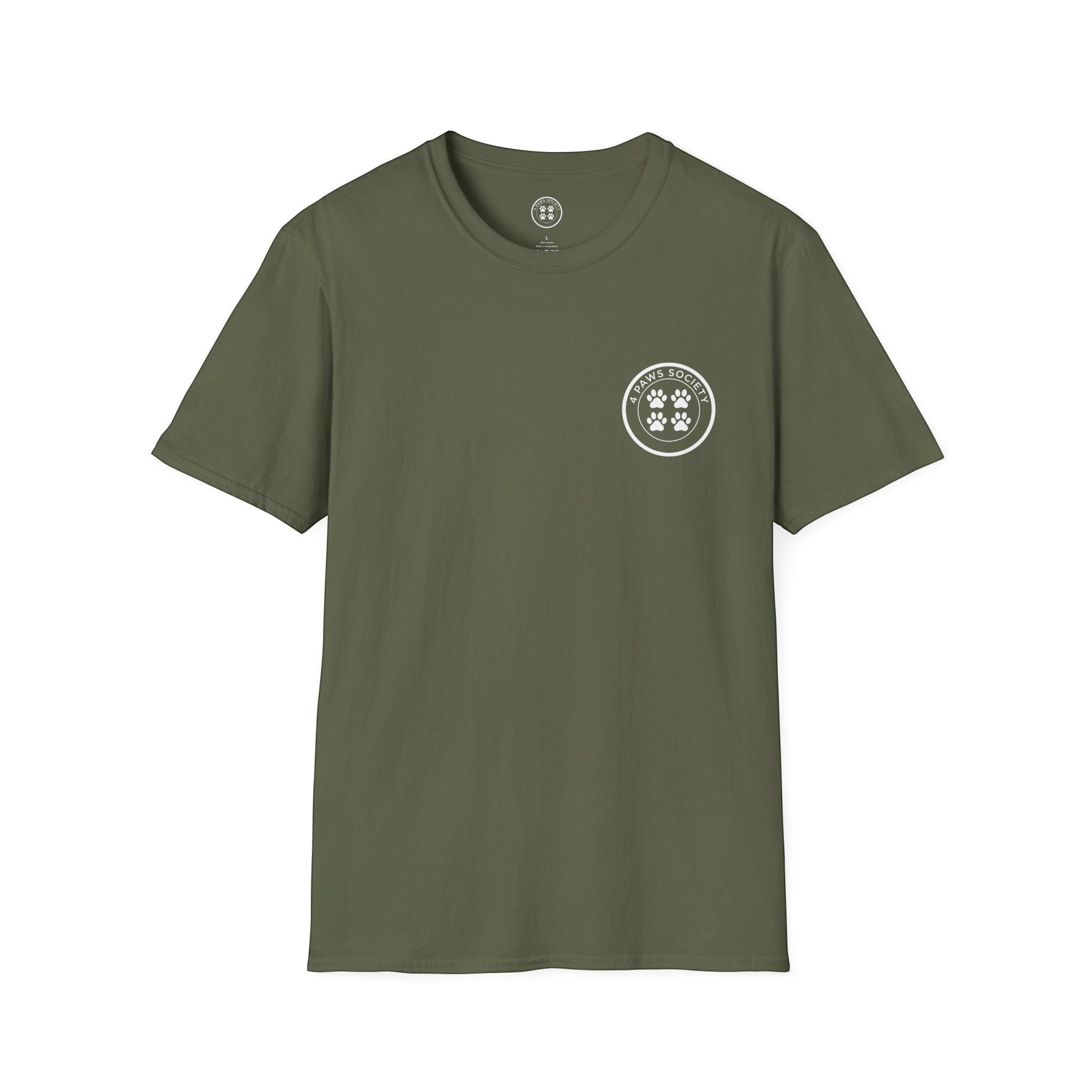 4 Paws Society olive green 100% cotton t-shirt with a small circular logo on the left chest featuring four paw prints.