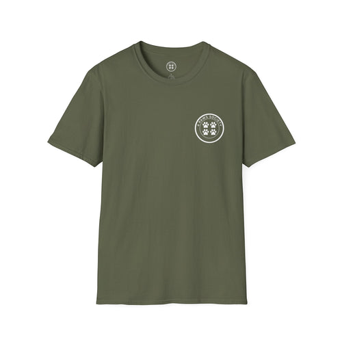 4 Paws Society olive green 100% cotton t-shirt with a small circular logo on the left chest featuring four paw prints.