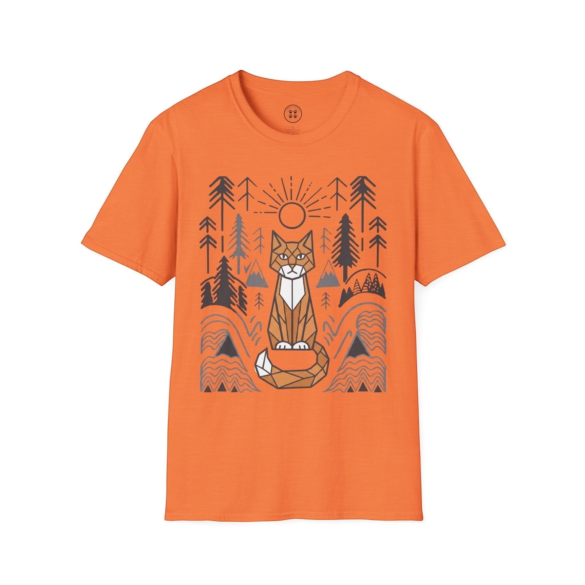 4 Paws Society orange 100% cotton t-shirt with geometric cat and forest graphic