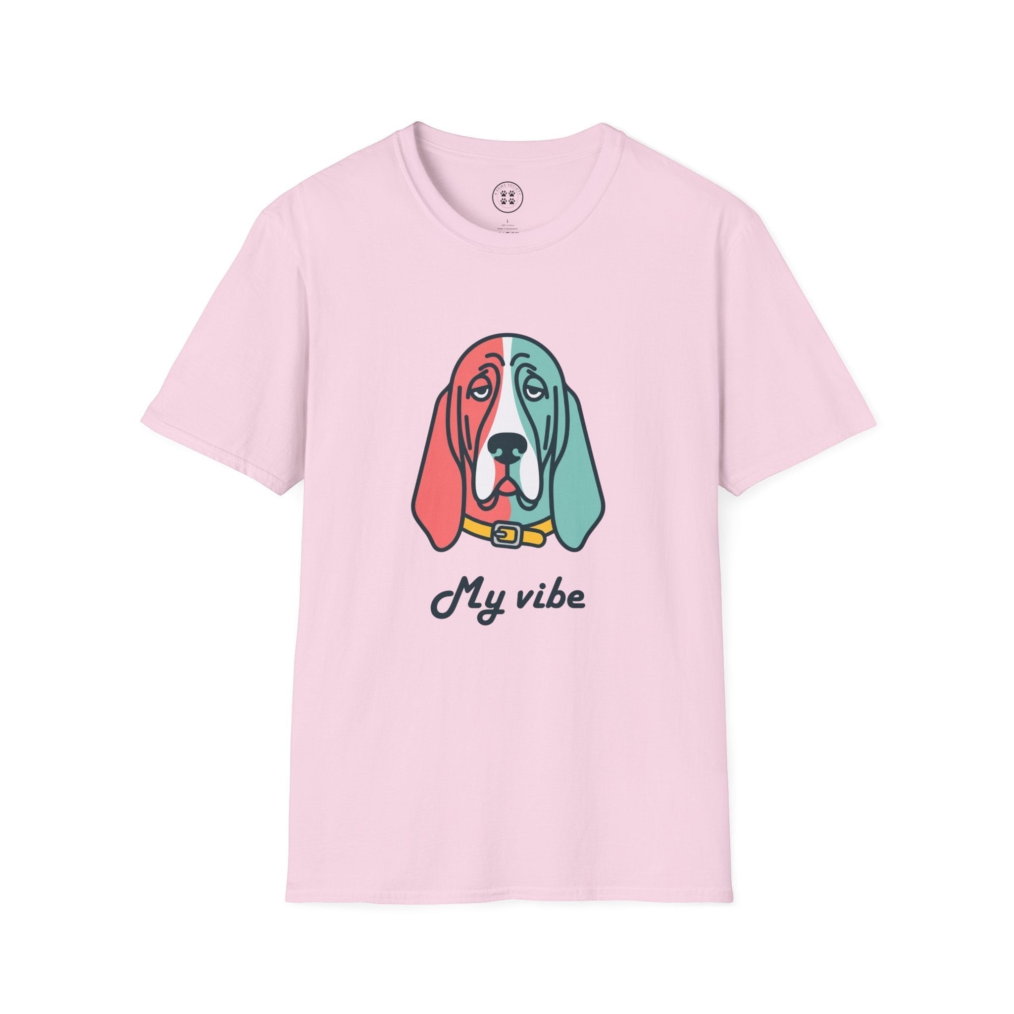 4 Paws Society pink 100% cotton t-shirt with a colorful Basset Hound graphic and "My Vibe" text.