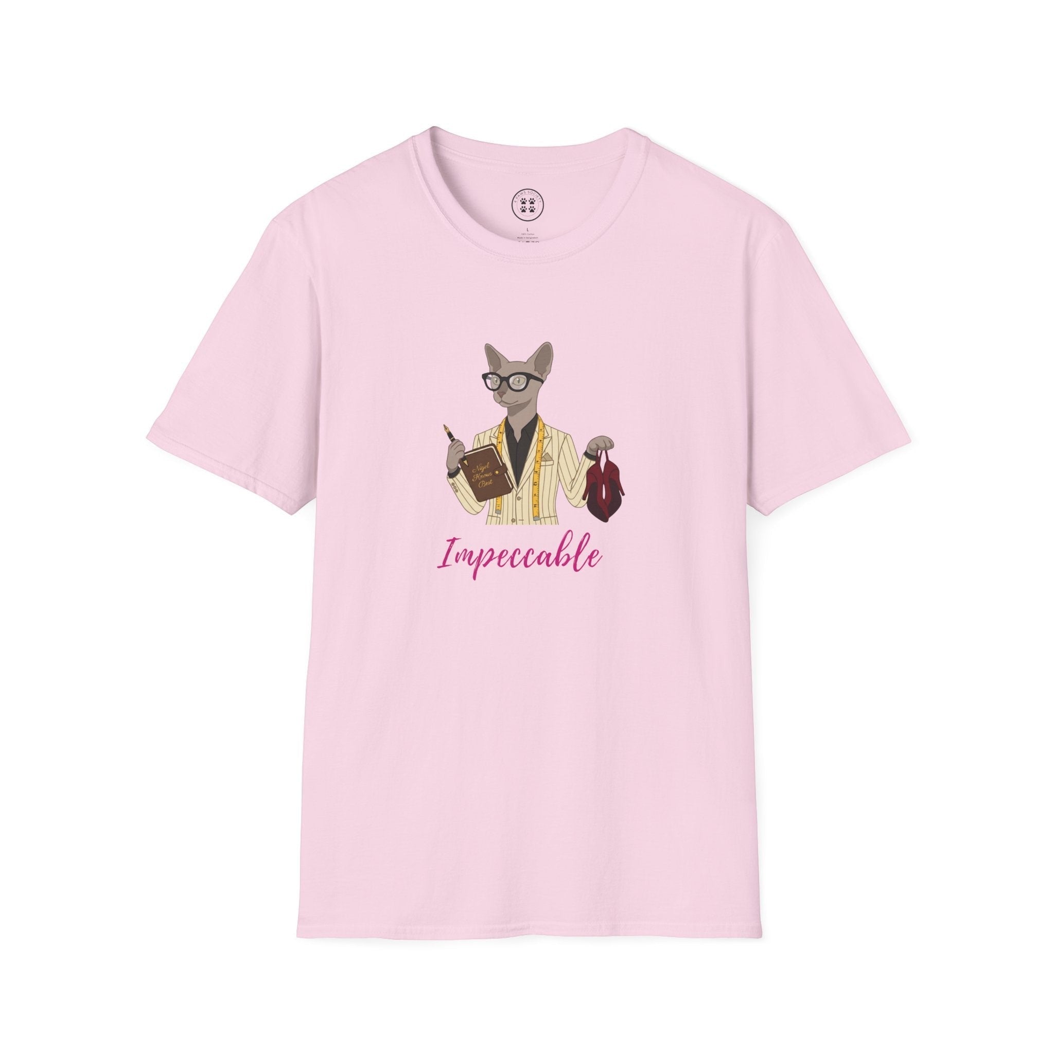 4 Paws Society pink 100% cotton t-shirt with a graphic of a cat wearing glasses and a suit, holding a notebook and a red bag.