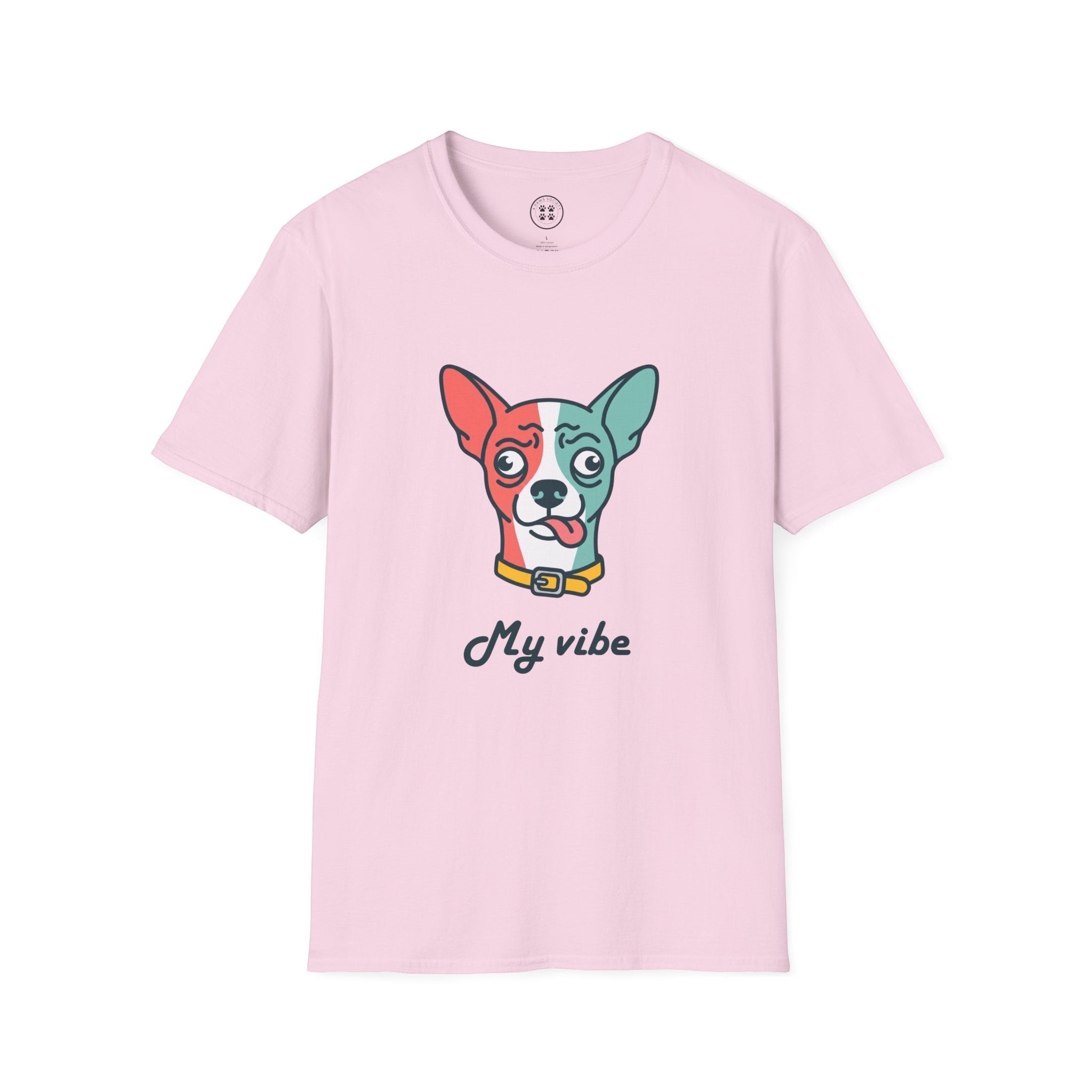 4 Paws Society pink 100% cotton t-shirt with a confused chihuahua graphic and "My vibe" text.