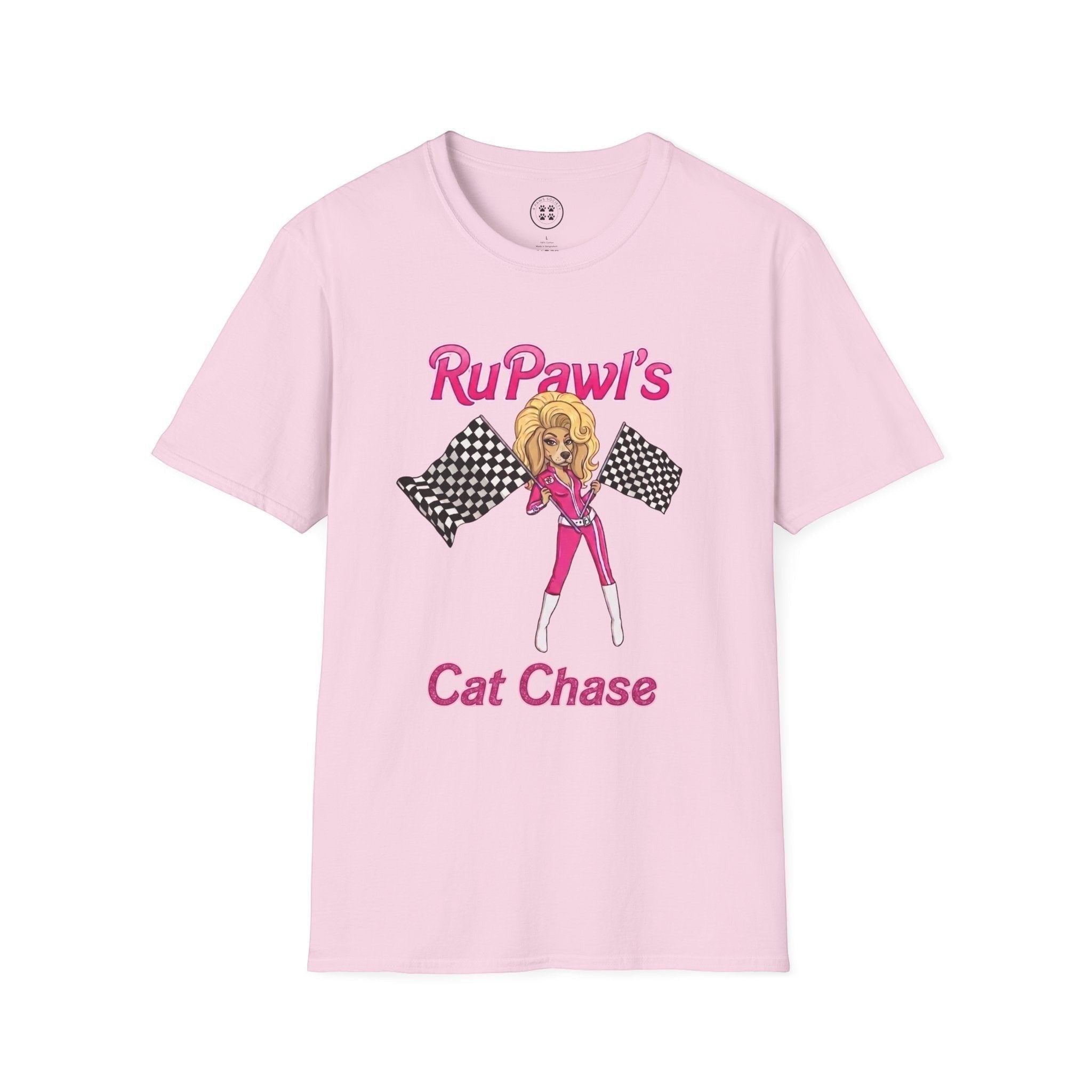 4 Paws Society pink 100% cotton unisex t-shirt with a graphic of a drag queen dog holding checkered flags and text "RuPawl's Cat Chase".