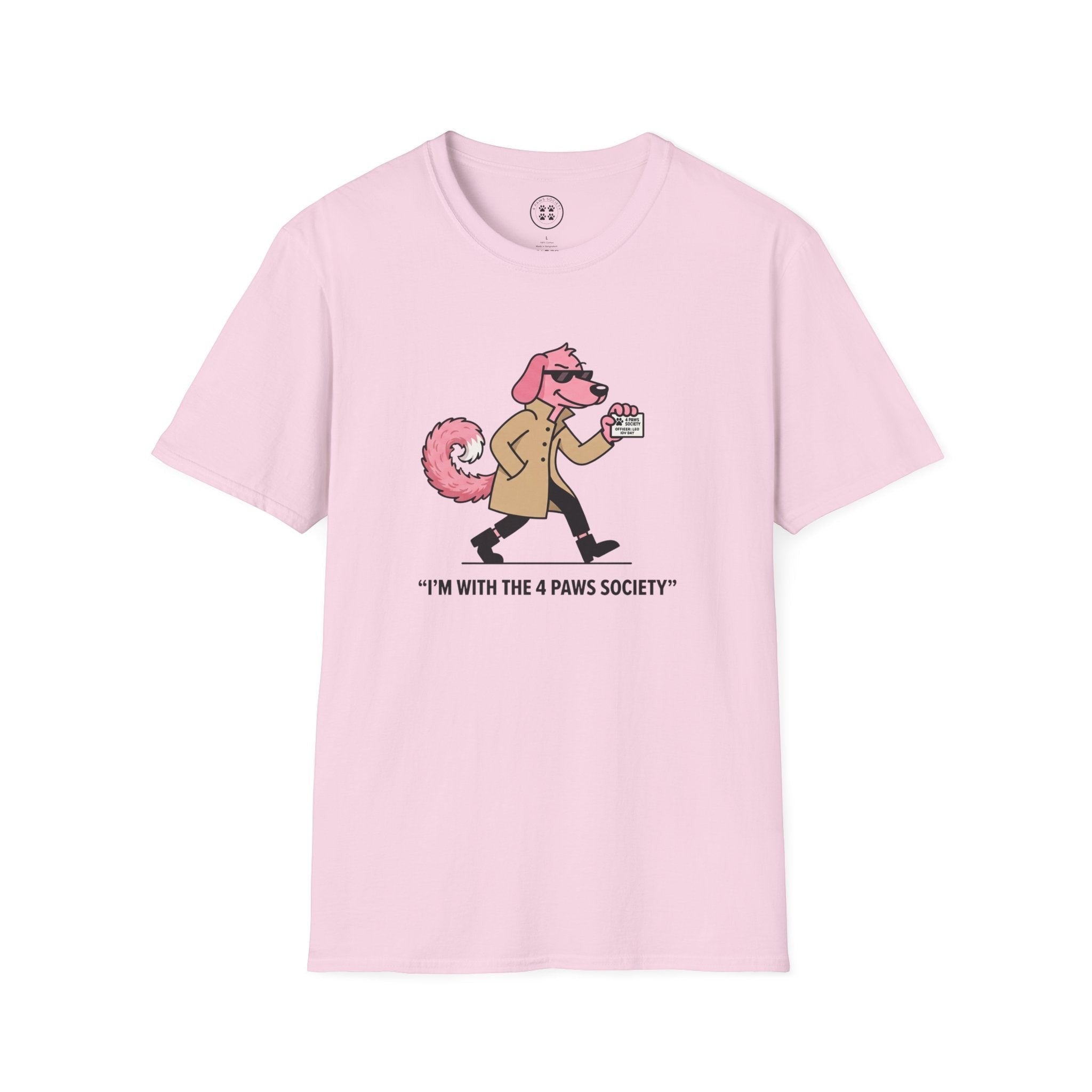4 Paws Society pink 100% cotton t-shirt with a cartoon dog graphic and text "I'M WITH THE 4 PAWS SOCIETY"