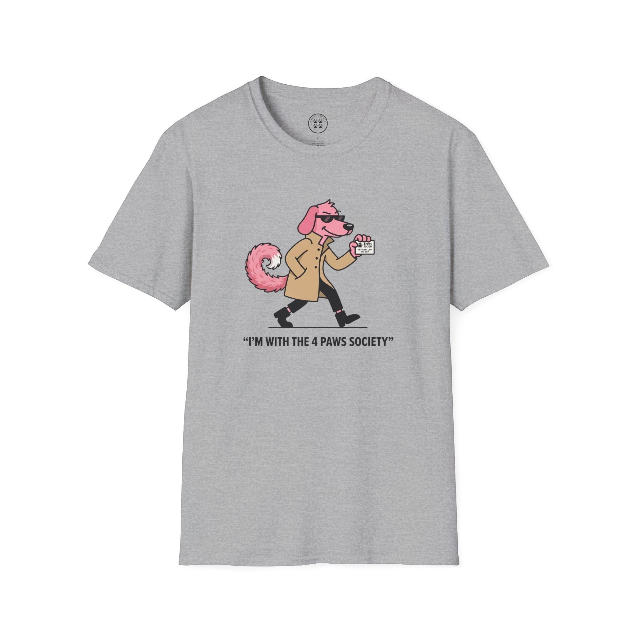 4 Paws Society grey 100% cotton t-shirt with a cartoon pink dog wearing sunglasses and a trench coat, holding a membership card.