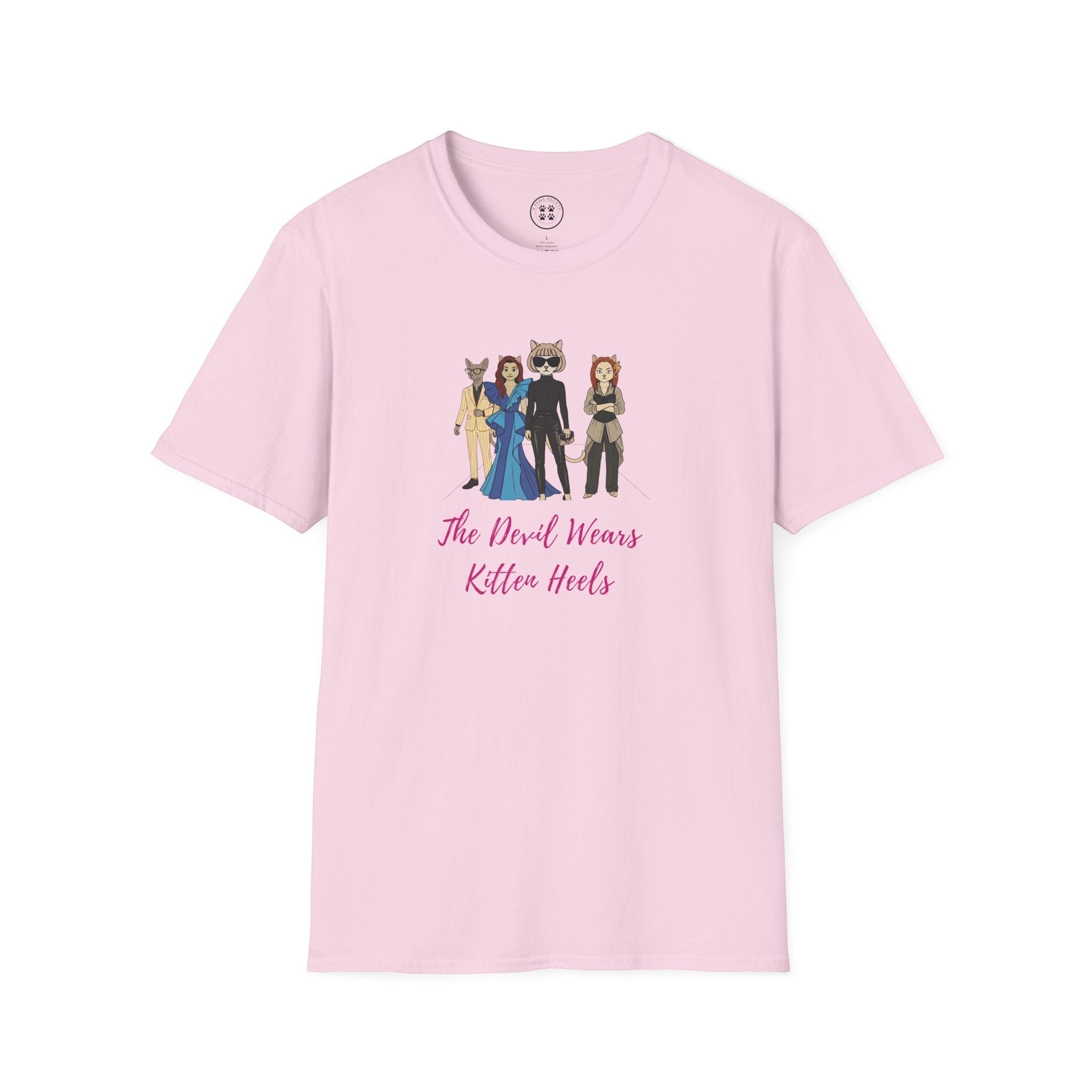 4 Paws Society pink 100% cotton unisex graphic tee with "The Devil Wears Kitten Heels" text and cartoon cats in fashion outfits.