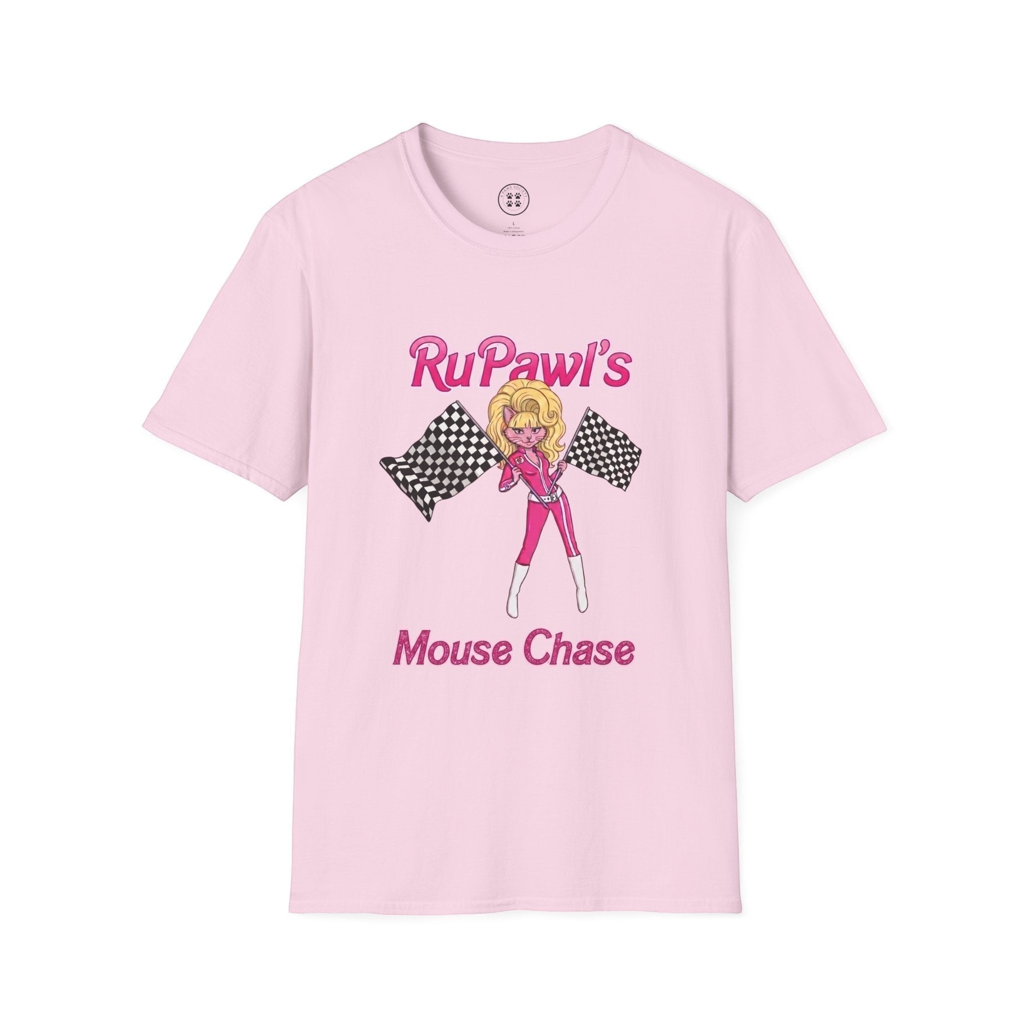 4 Paws Society pink 100% cotton t-shirt with RuPawl's Mouse Chase graphic of a drag queen in a racing suit holding checkered flags.