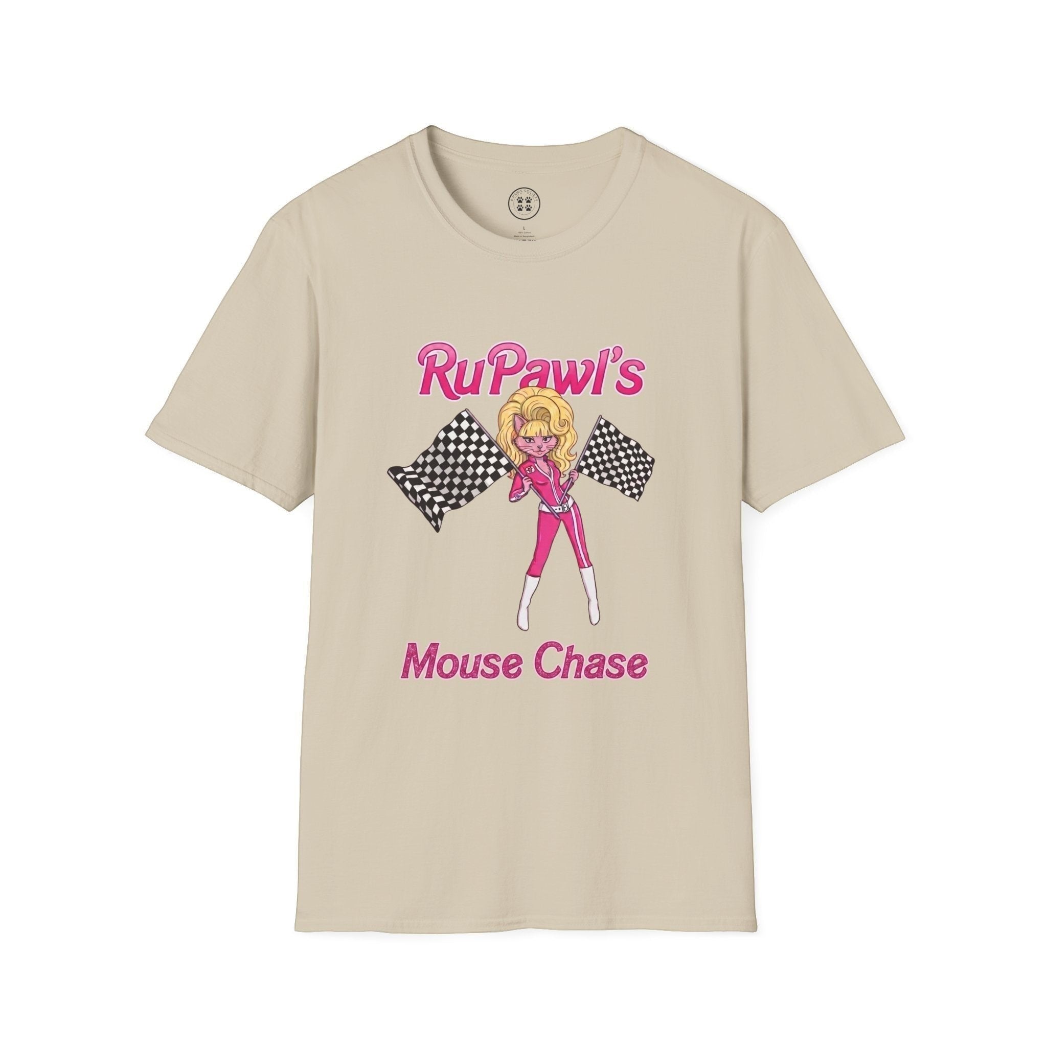 4 Paws Society beige 100% cotton t-shirt with a pink drag queen graphic holding checkered flags and text 'RuPawl's Mouse Chase'.