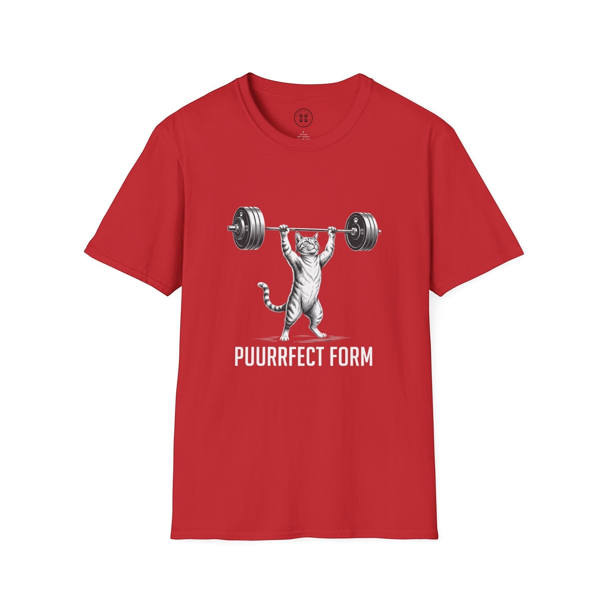 4 Paws Society red 100% cotton t-shirt with a graphic of a cat lifting weights and the text "PUURRFECT FORM".