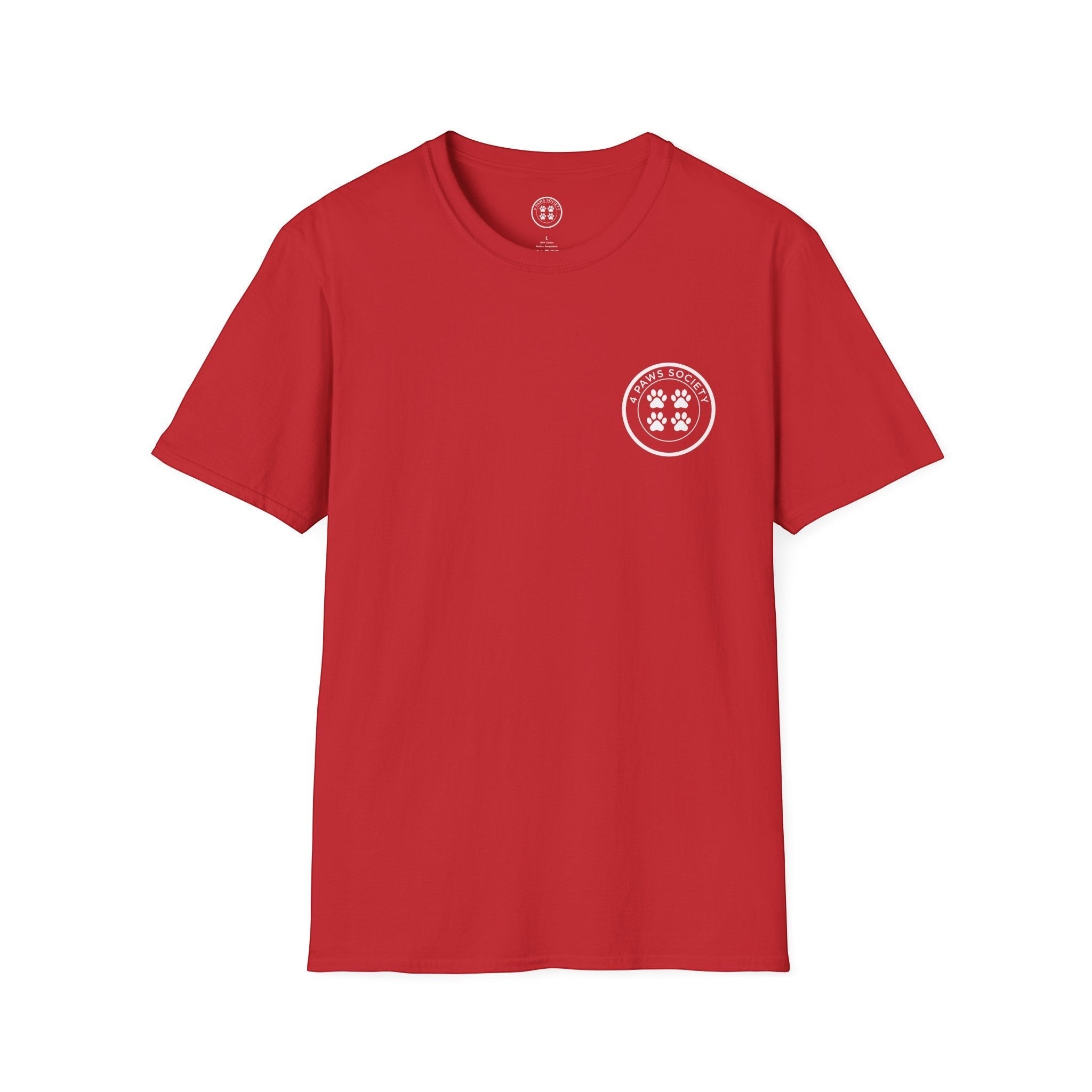 4 Paws Society red 100% ring-spun cotton t-shirt with a white circular logo featuring four paw prints and the text "4 Paws Society".