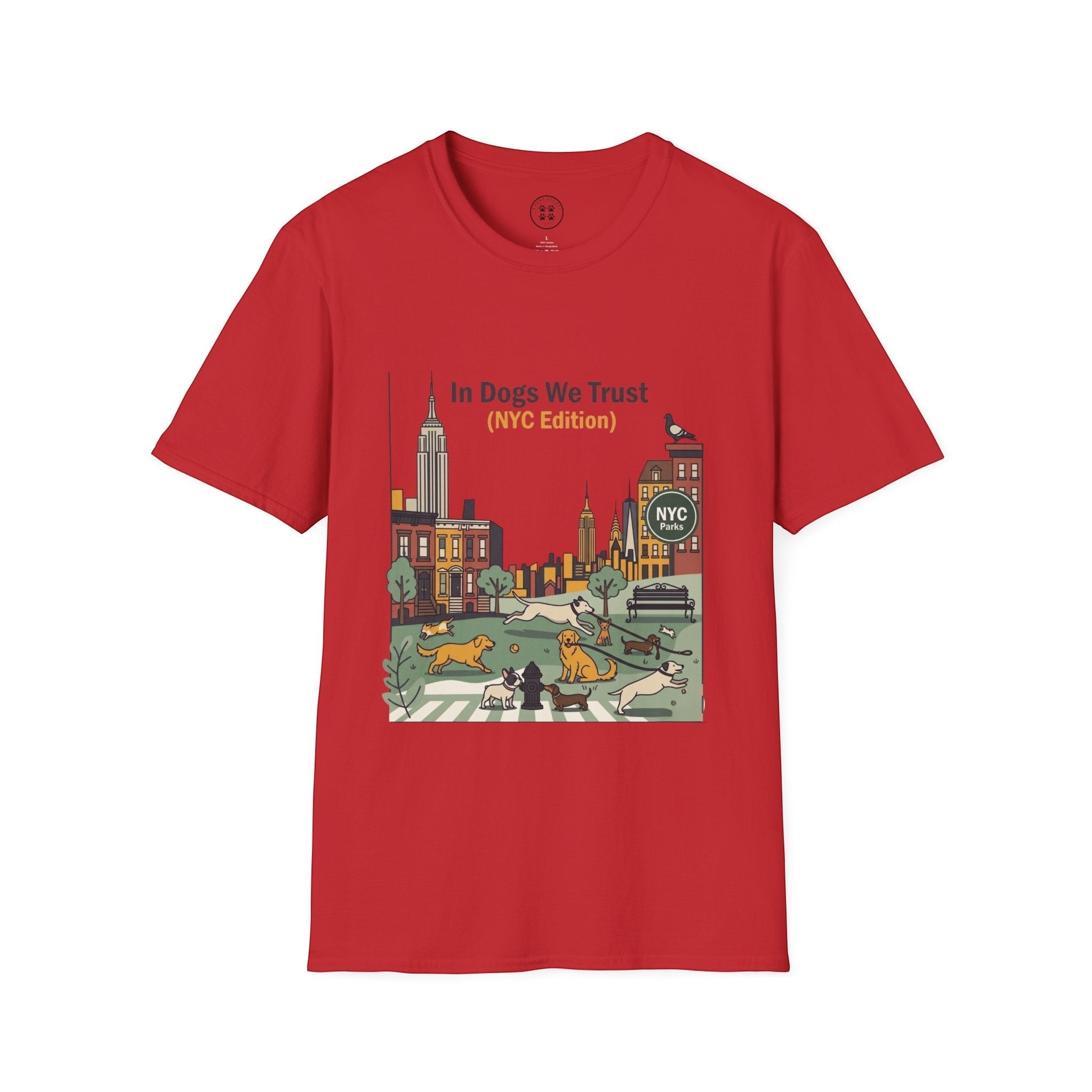 Red 100% cotton unisex t-shirt with a graphic print of dogs playing in a park with NYC skyline in the background.