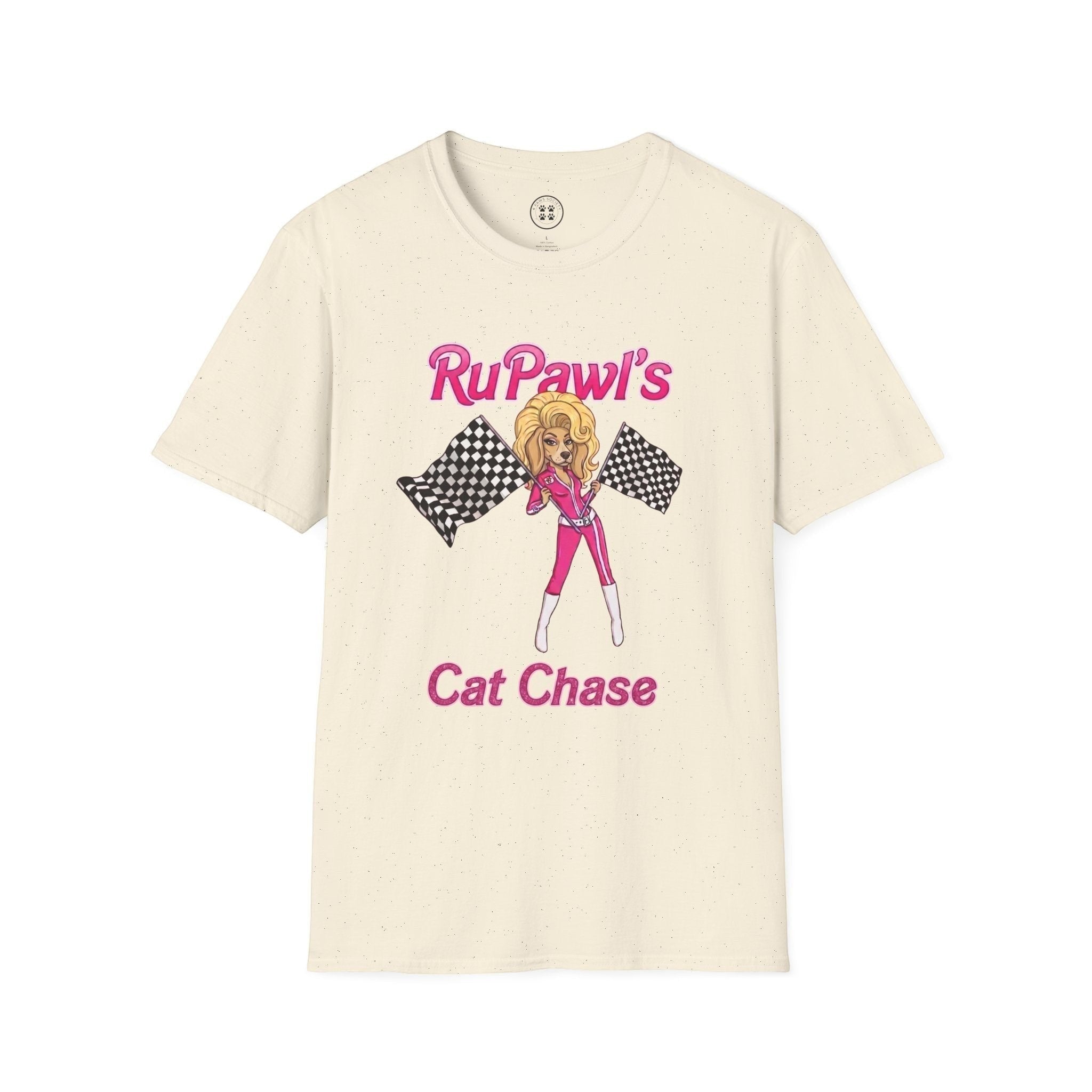 4 Paws Society cream 100% cotton unisex t-shirt with a graphic of a drag queen dog holding checkered flags and text RuPawl's Cat Chase.
