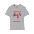 4 Paws Society grey 100% cotton t-shirt with RuPawl's Cat Chase graphic featuring a drag queen dog holding checkered flags.