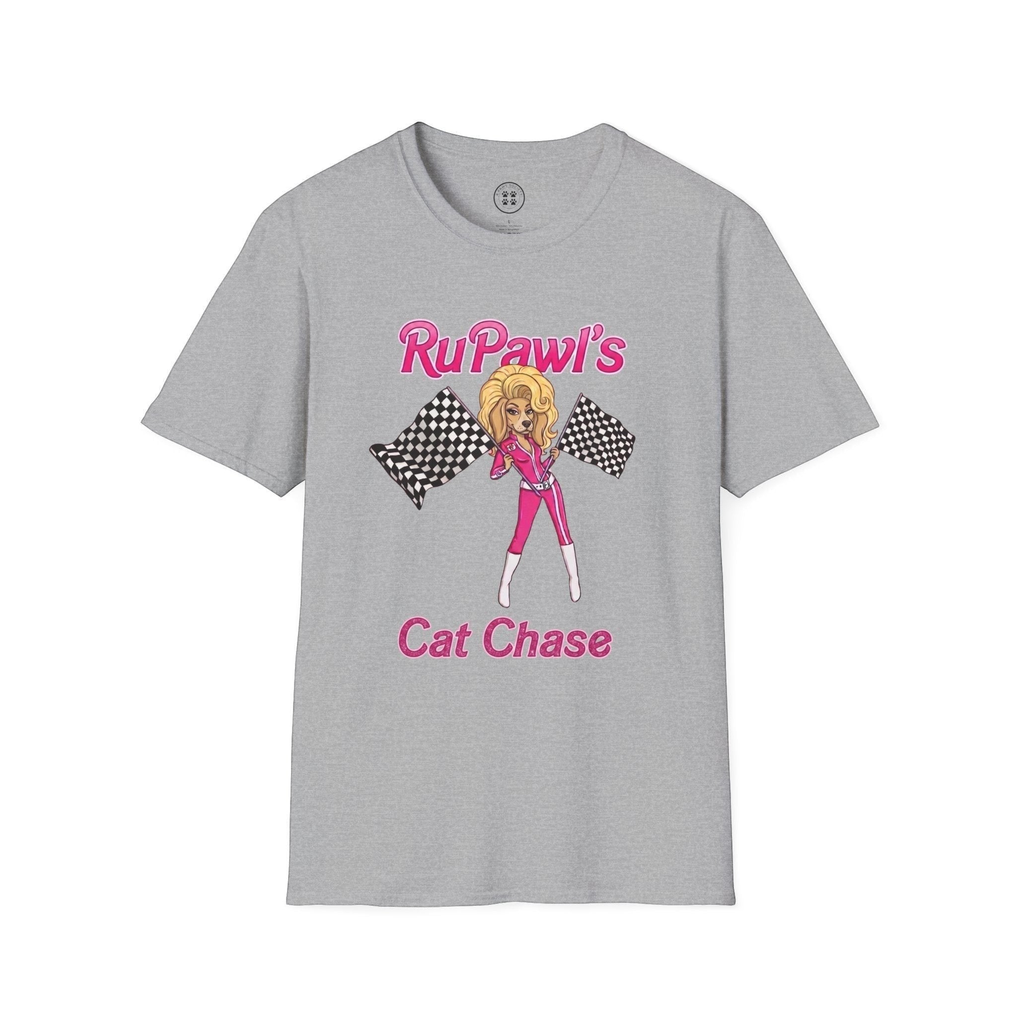 4 Paws Society grey 100% cotton t-shirt with RuPawl's Cat Chase graphic featuring a drag queen dog holding checkered flags.