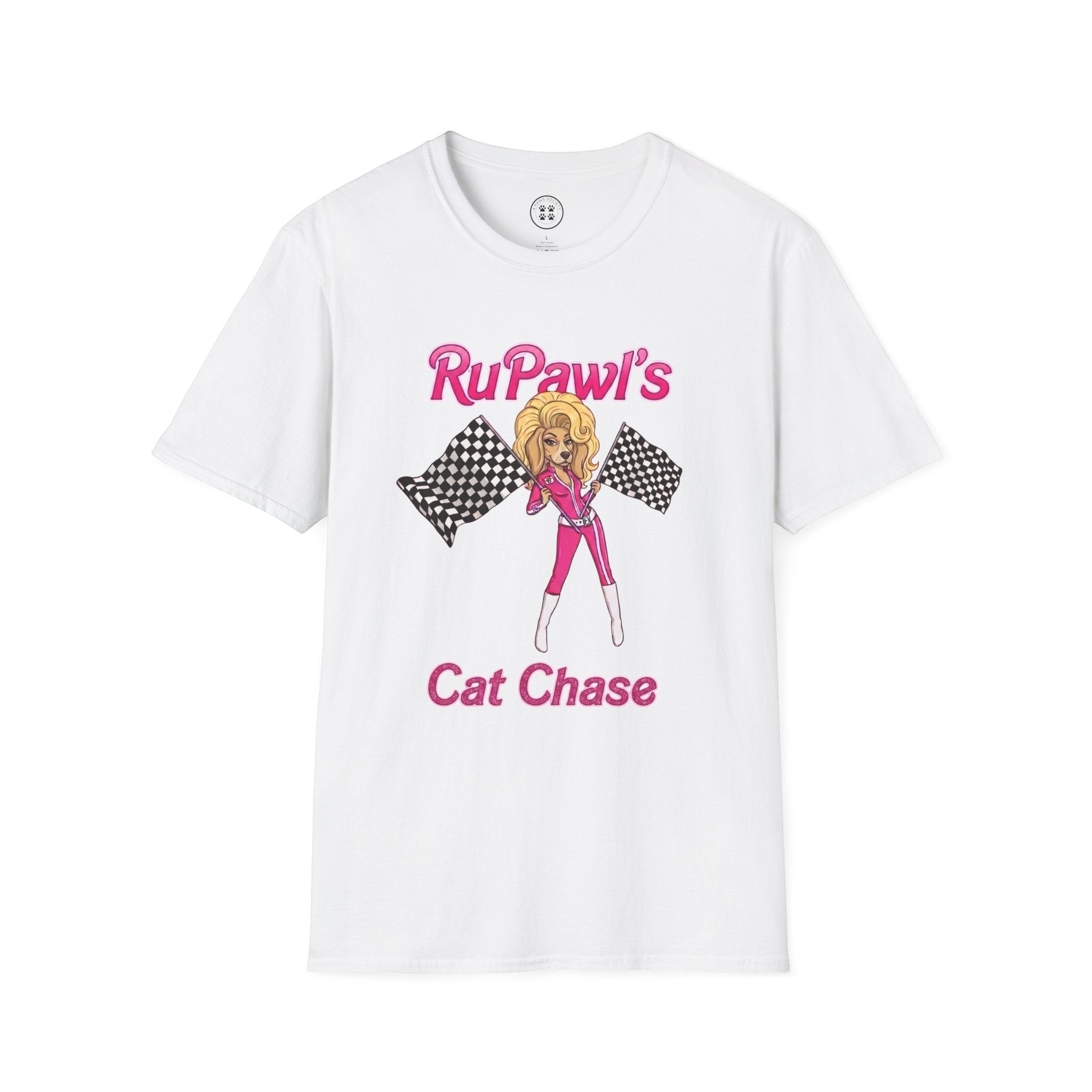 4 Paws Society RuPawl's Cat Chase tee: white 100% cotton unisex t-shirt with drag queen graphic and checkered flags.