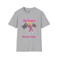 4 Paws Society grey 100% cotton t-shirt with RuPawl's Mouse Chase graphic featuring a drag queen in pink racing attire holding checkered flags.
