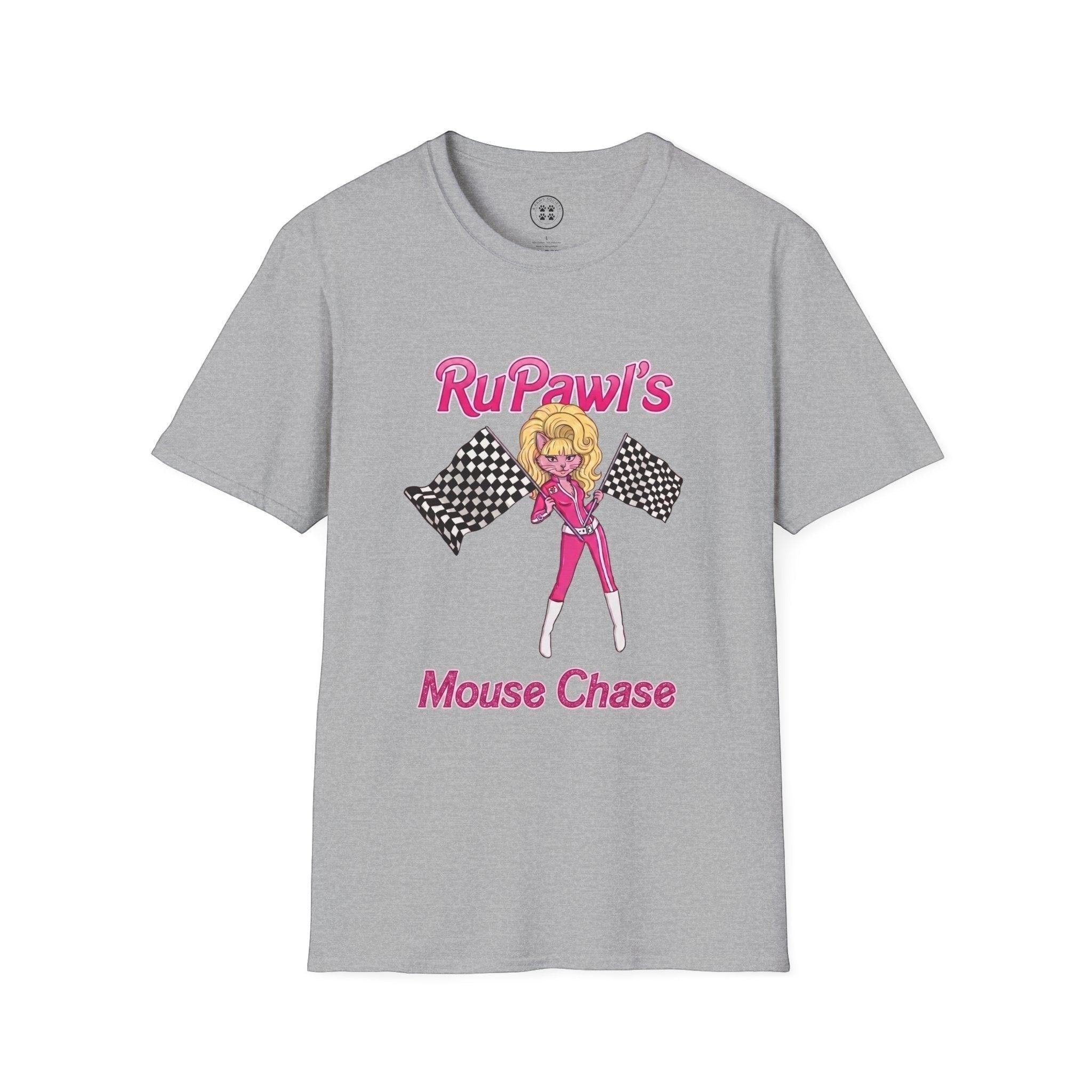 4 Paws Society grey 100% cotton t-shirt with RuPawl's Mouse Chase graphic featuring a drag queen in pink racing attire holding checkered flags.