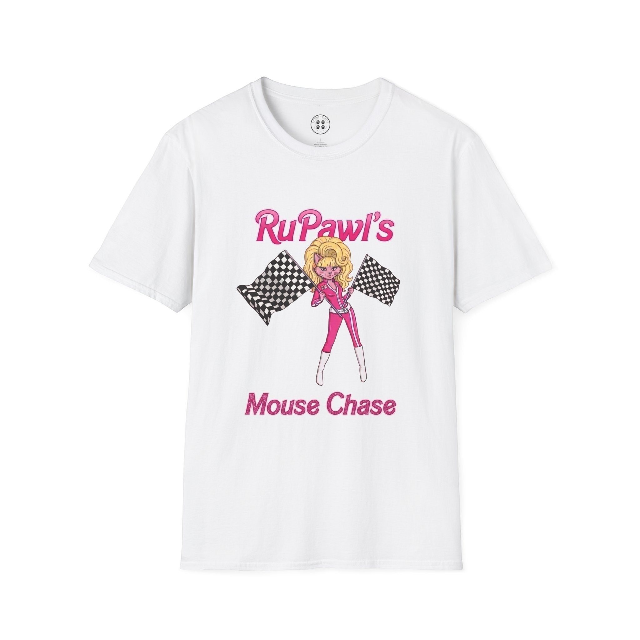 4 Paws Society white 100% cotton t-shirt with a graphic of RuPaul's Mouse Chase featuring a drag queen in a pink racing suit holding checkered flags.