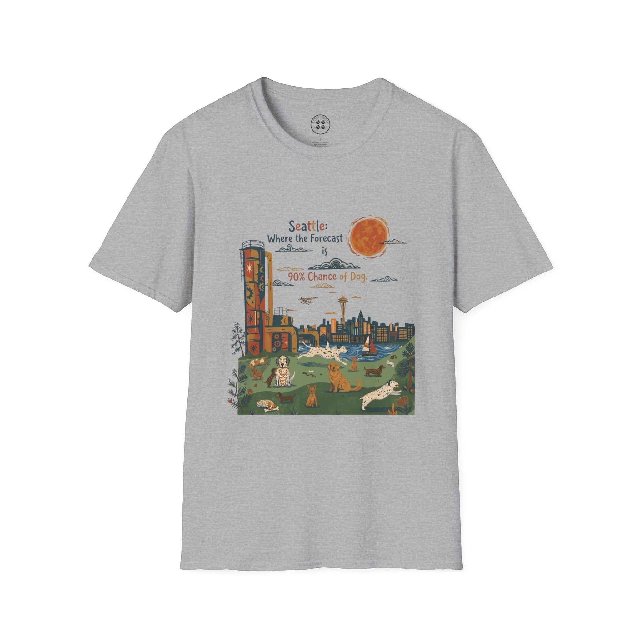 4 Paws Society grey 100% cotton t-shirt with a Seattle cityscape graphic featuring dogs playing in a park.