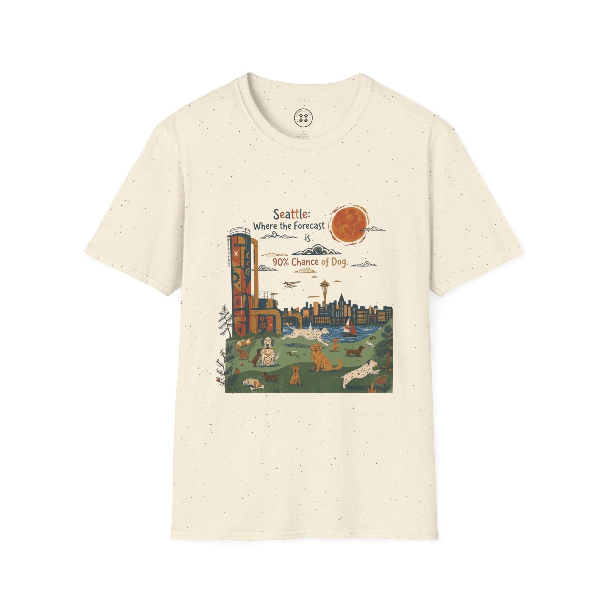 4 Paws Society cream 100% cotton unisex t-shirt with Seattle cityscape and dogs graphic. Features text 'Seattle: Where the Forecast is 90% Chance of Dog'.
