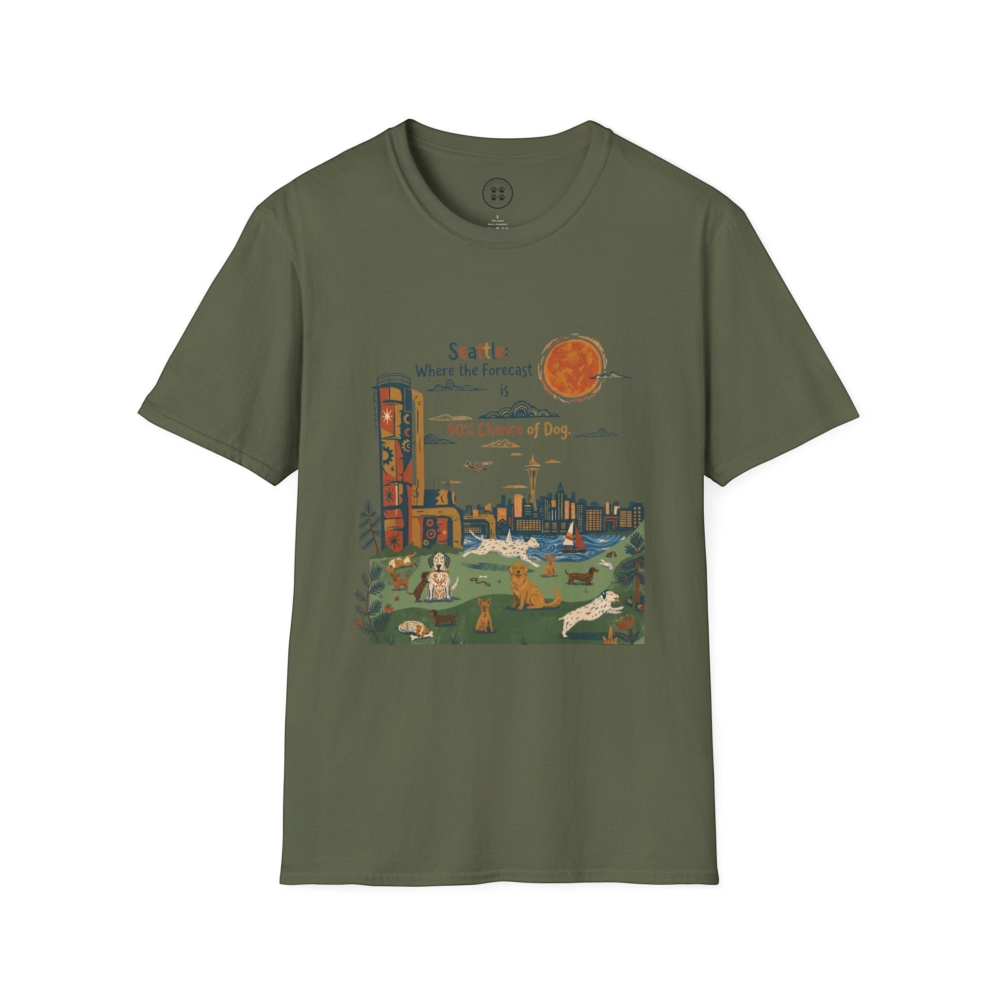 4 Paws Society olive green 100% cotton t-shirt with a Seattle cityscape and dogs graphic. Features Space Needle, sun, and dogs playing.