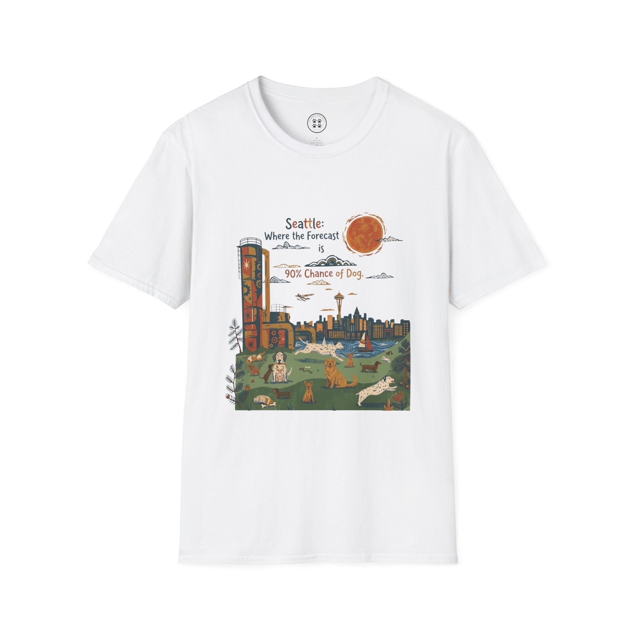 4 Paws Society white 100% cotton t-shirt with Seattle cityscape and dogs graphic, featuring the Space Needle and text 'Seattle: Where the Forecast is 90% Chance of Dog'.