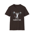 4 Paws Society brown 100% cotton t-shirt with a graphic of a cat lifting a barbell and the text "PUURRFECT FORM".