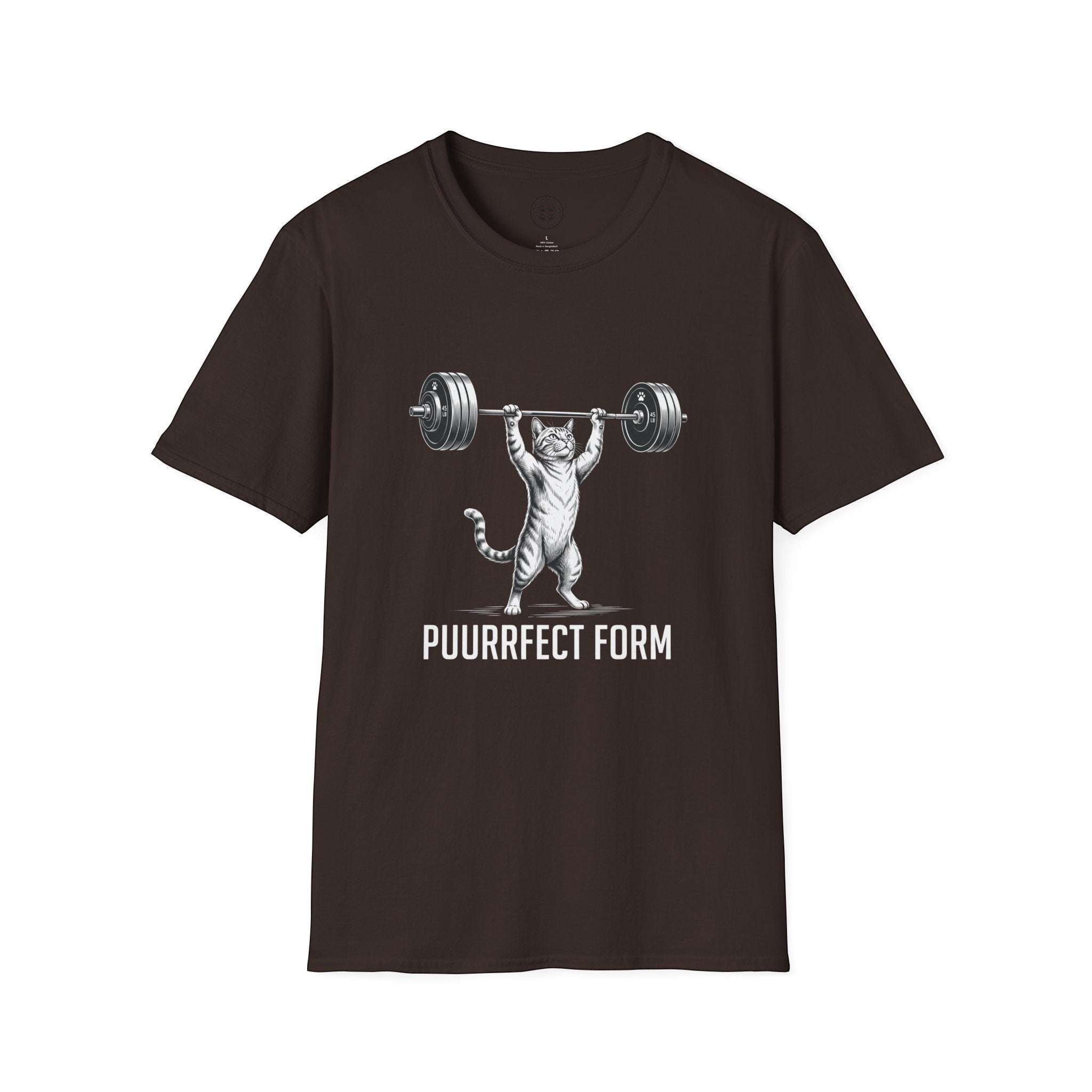 4 Paws Society brown 100% cotton t-shirt with a graphic of a cat lifting a barbell and the text "PUURRFECT FORM".